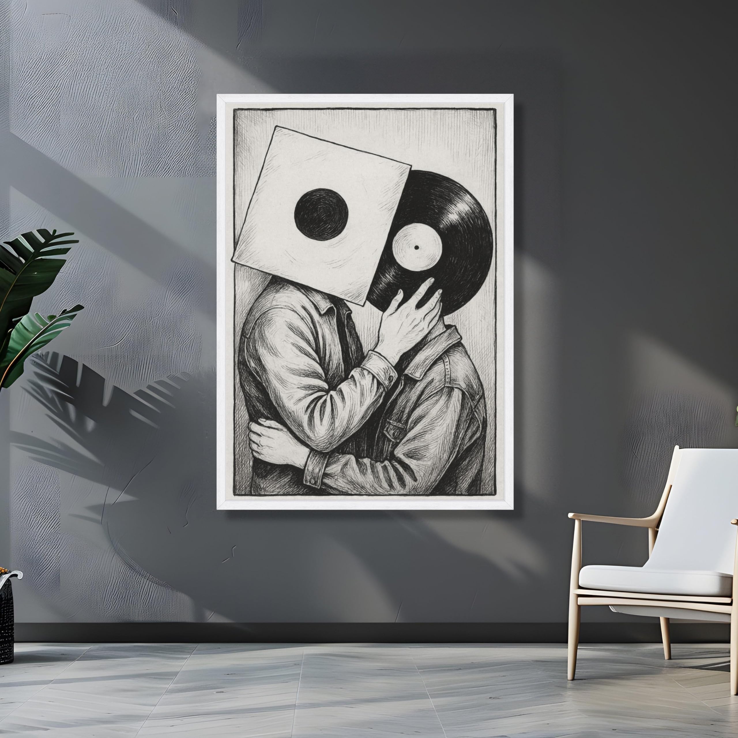 CAOXTART Obraz na płótnie dla miłośników płyt winylowych w stylu vintage muzyka dekoracja ścienna czarno-biała ilustracja retro wystrój domu (60 x 90 cm/wewnętrzna rama)