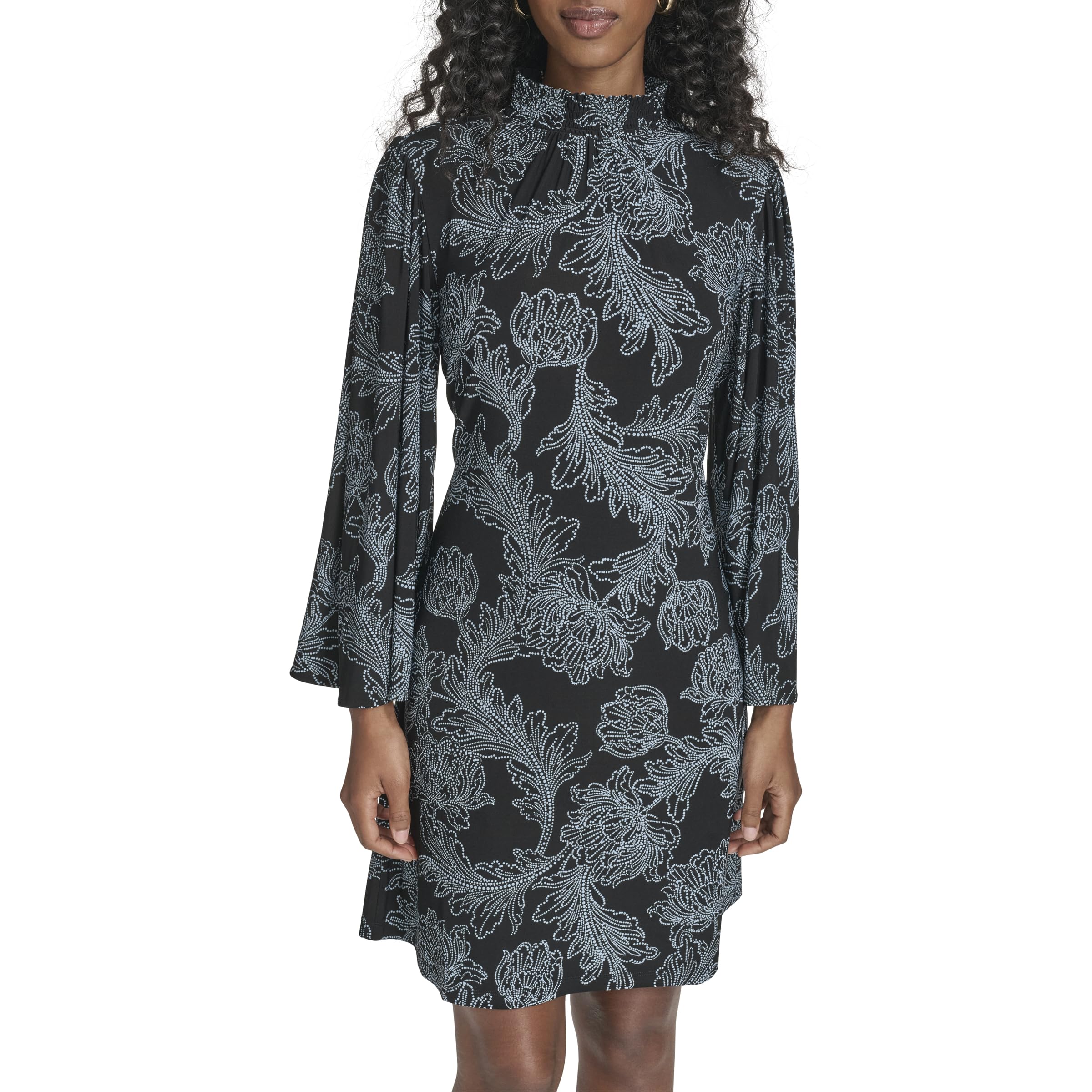 Women's Long Flare Sleeve Mock Neck A-line Dress