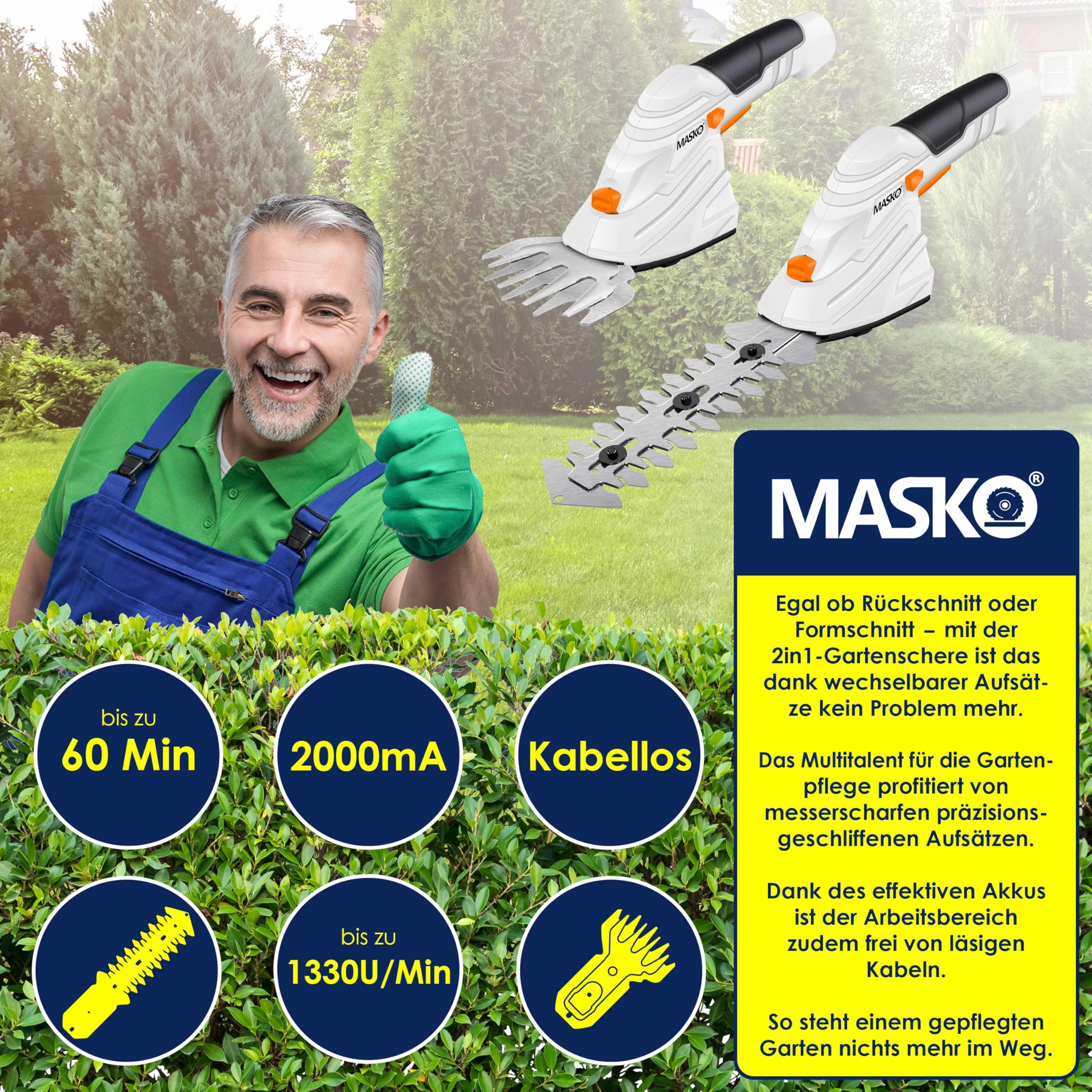 MASKO® Set cesoie-batteria 7,2 V, 2000 mA/h, tagliasiepi giardino, caricabatterie, guanti, coltello erba, lame, manico telescopico 90-130 cm, ruote