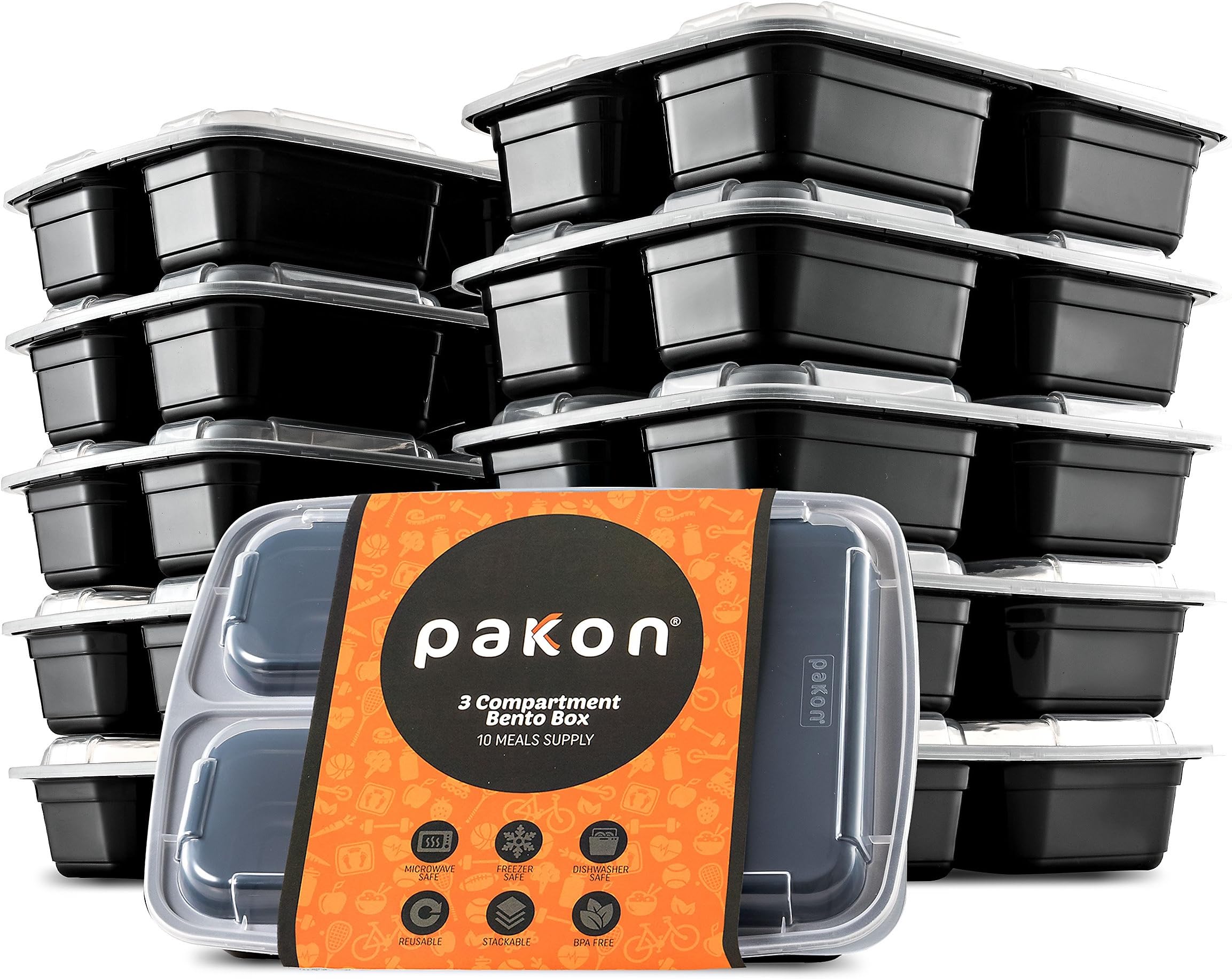Pakkon 3 Compartment Bento Box with Airtight Lid, 10 Pack
