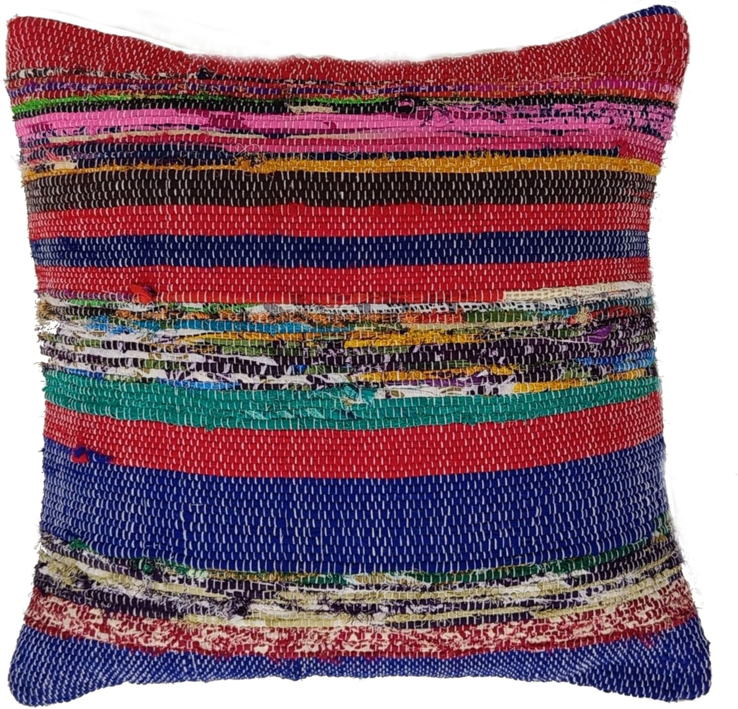 Trade Star Handloomed Couch Cushion Case Square Pillow Cover Decorative Chindi Rag Rug Throw Pillow Cover Bohemian Colourful Handmade Seating Pillow Cover for Home Decor 16x16 Inches