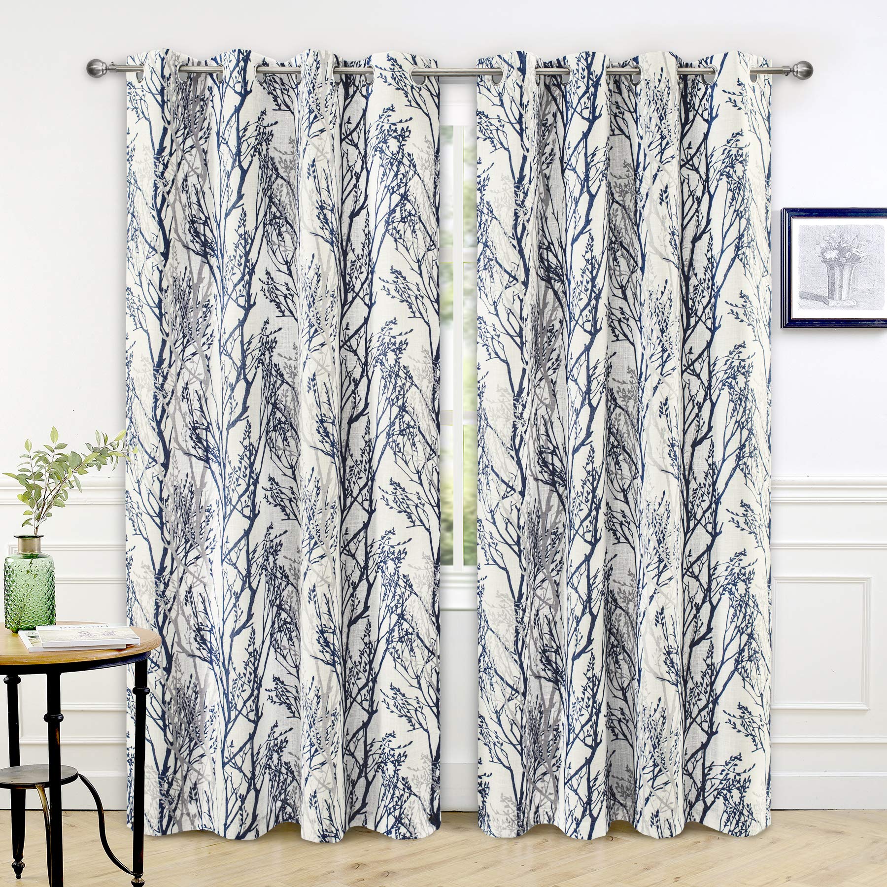 DriftAwayBlue White Linen Blend Tree Branch Blackout Curtains for Bedroom 84" Long Blue Branch Lined Window Treatment Thermal Grommet Top Curtain Drapes for Living Room 2 Panels