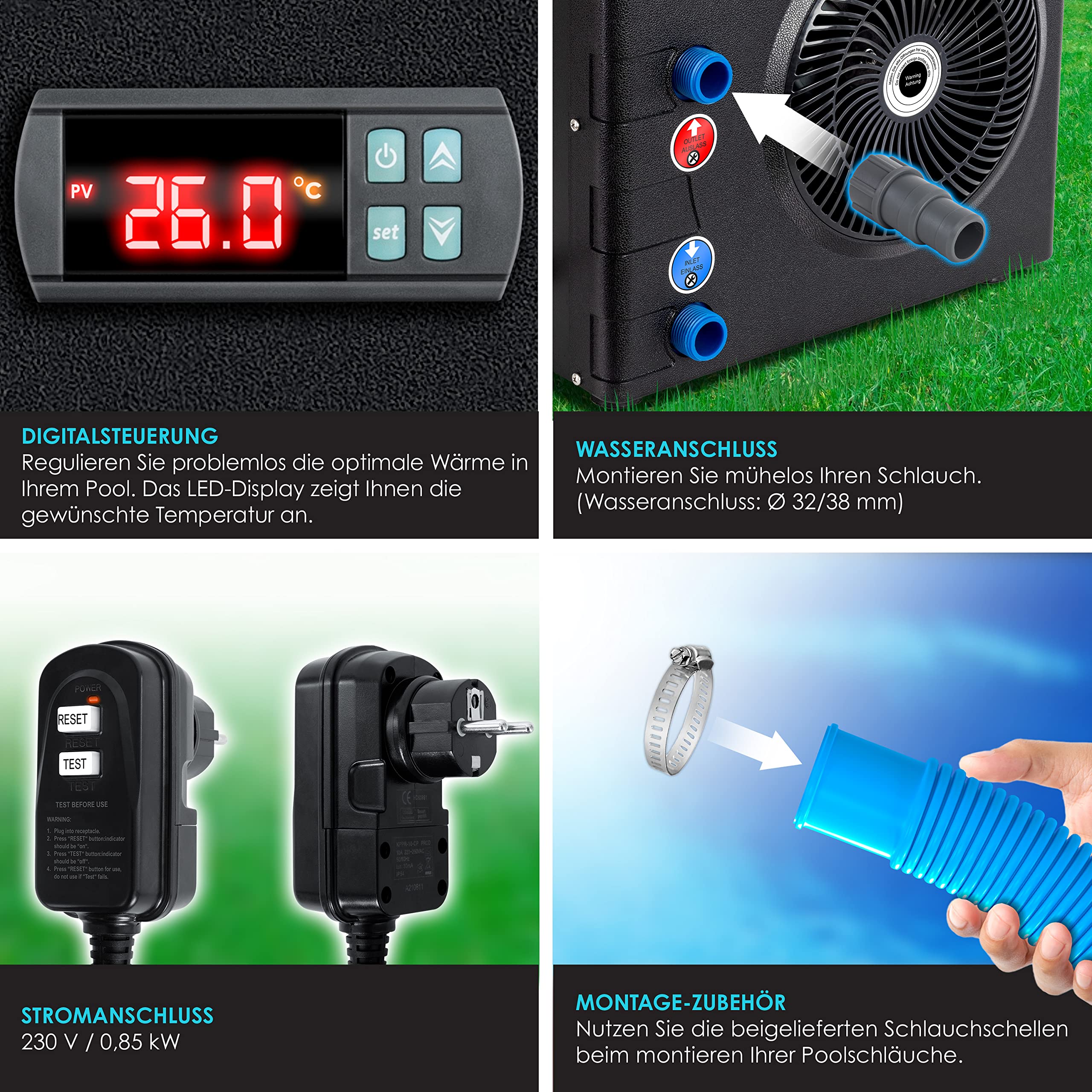 KESSER® Wärmepumpe für Pools Schwimmbecken bis 20.000 l Wasserinhalt, Pool Heizung Heizleistung 3,9 kW, 220V Betriebsspannung Wasseranschluss Ø 32/38 mm Durchflusssensor Digitalsteuerung, Schwarz