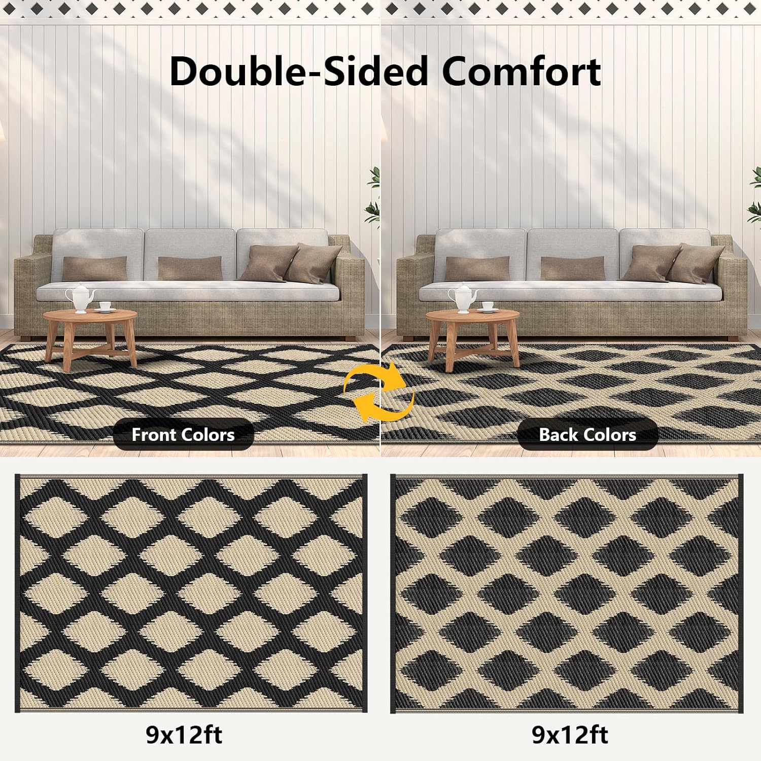COOLTOP 9'x12’ Outdoor Rug for Patios Porches, Waterproof Plastic Camping Rugs, Modern Reversible Mat, Large Area Rugs for Backyard, Deck, RV, Balcony, Picnic, Beach, Black & Beige