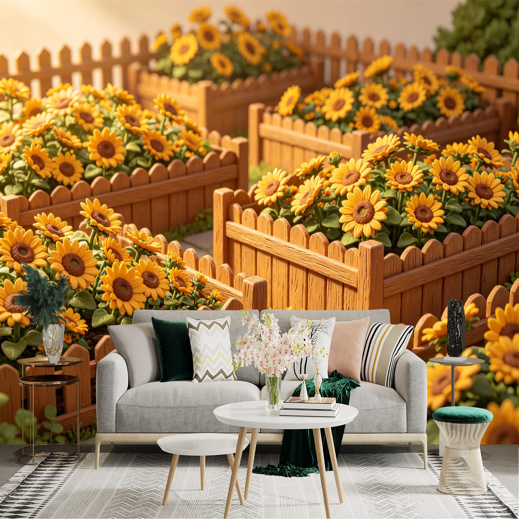 Lnzczhyre Dbh260521580 Custom Size Wall Sticker Mural， Vibrant Sunflowers In Wooden Planter Boxes， Rustic Garden Path， Floral Home Decor， Sunny Meadow Atmosphere， For Wall Decoration， Peelandstick Wall Decals.