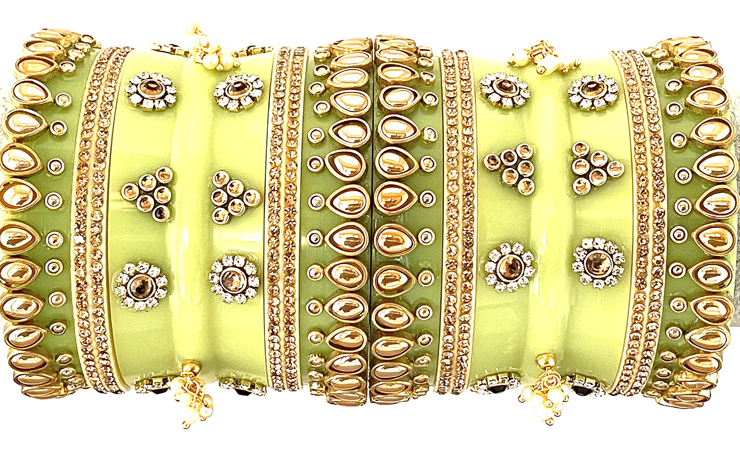 THE OPAL FACTORY Acrylic Bridal Bangles Set Gold Plated Punjabi Chuda Set For Wedding With Kundan Minakari And Stone Work For Women And Girls (Mint Green, 2.80)