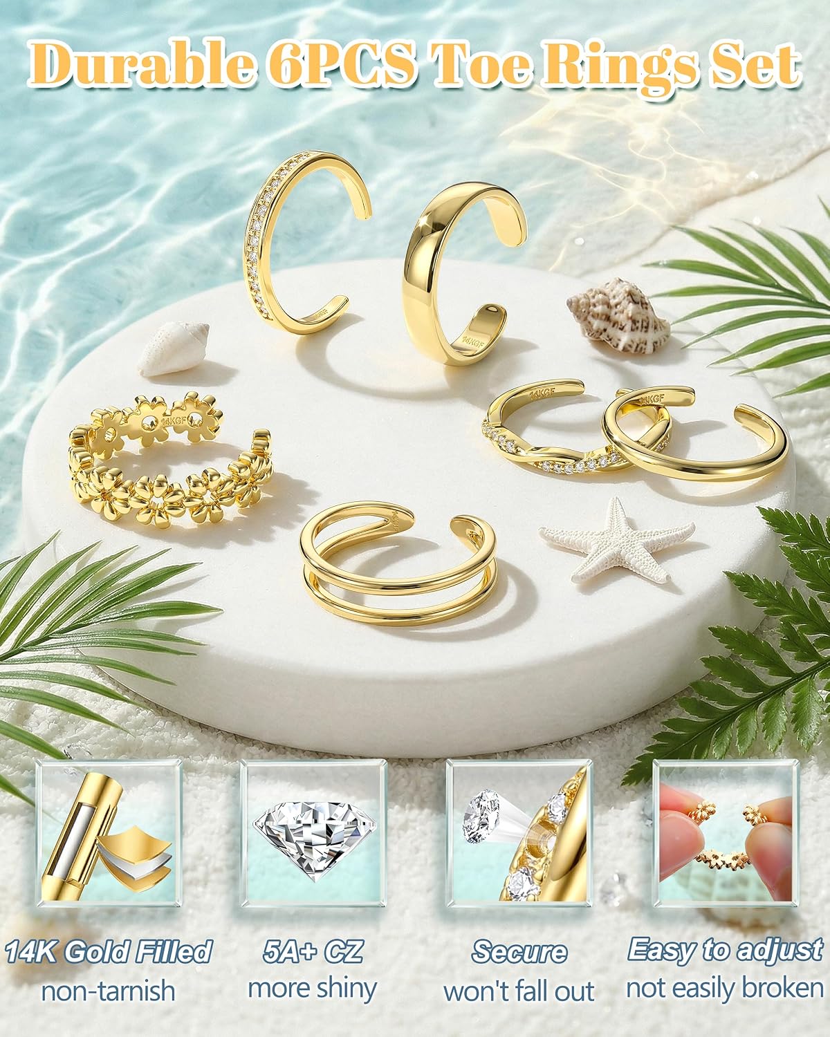 Besteel 6PCS Toe Rings for Women - 14K Gold Filled Toe Ring Non Tarnish Silver Adjustable Simple Open Band Hug CZ Chunky Flower Toe Rings Set Trendy Summer Beach Foot Jewelry for Women