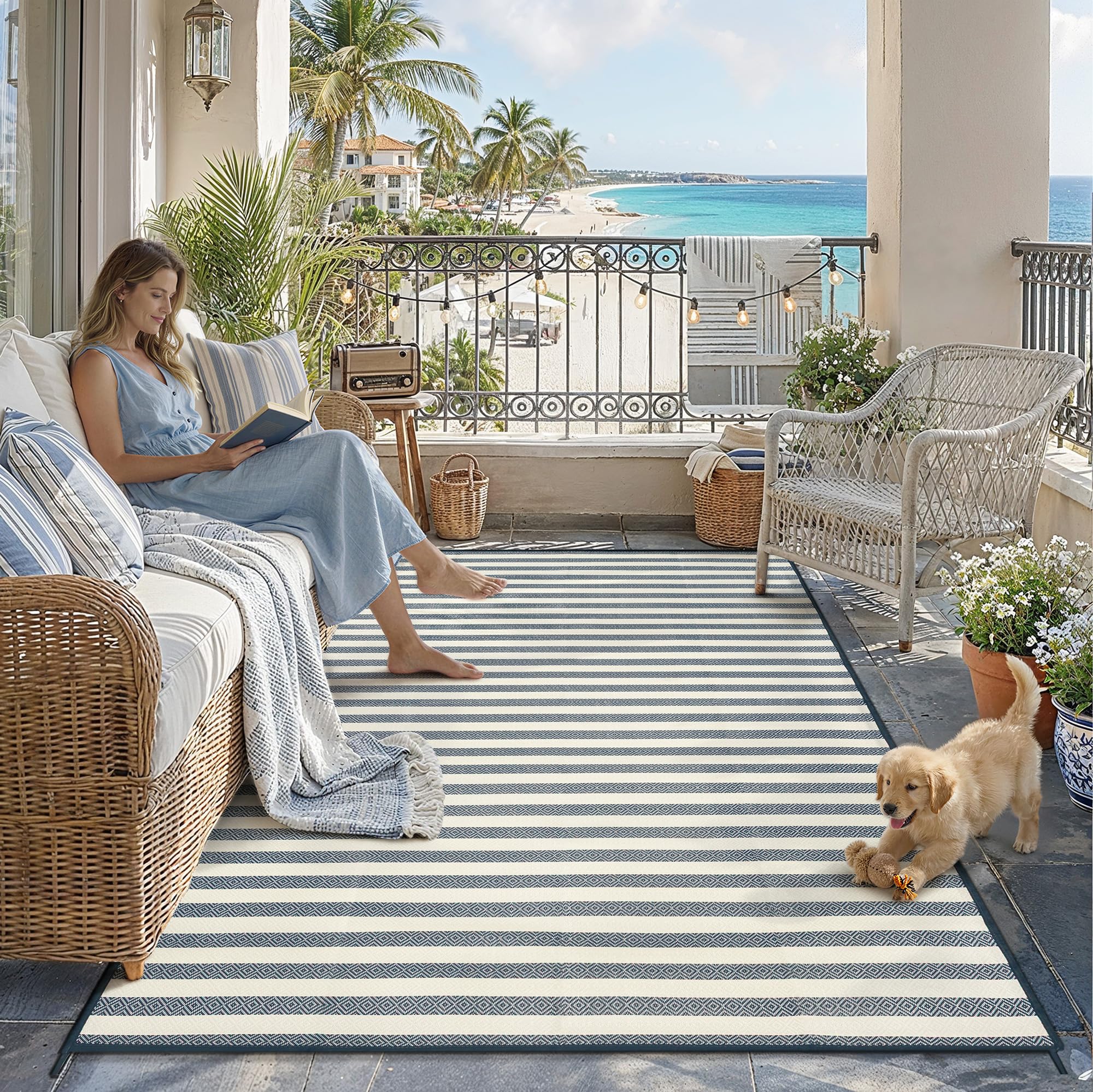 hugear 6'x9' outdoor rug waterproof plastic straw rugs blue stripe reversible mat floor carpet for camping rv deck entryance porch picnic balcony beach backyard