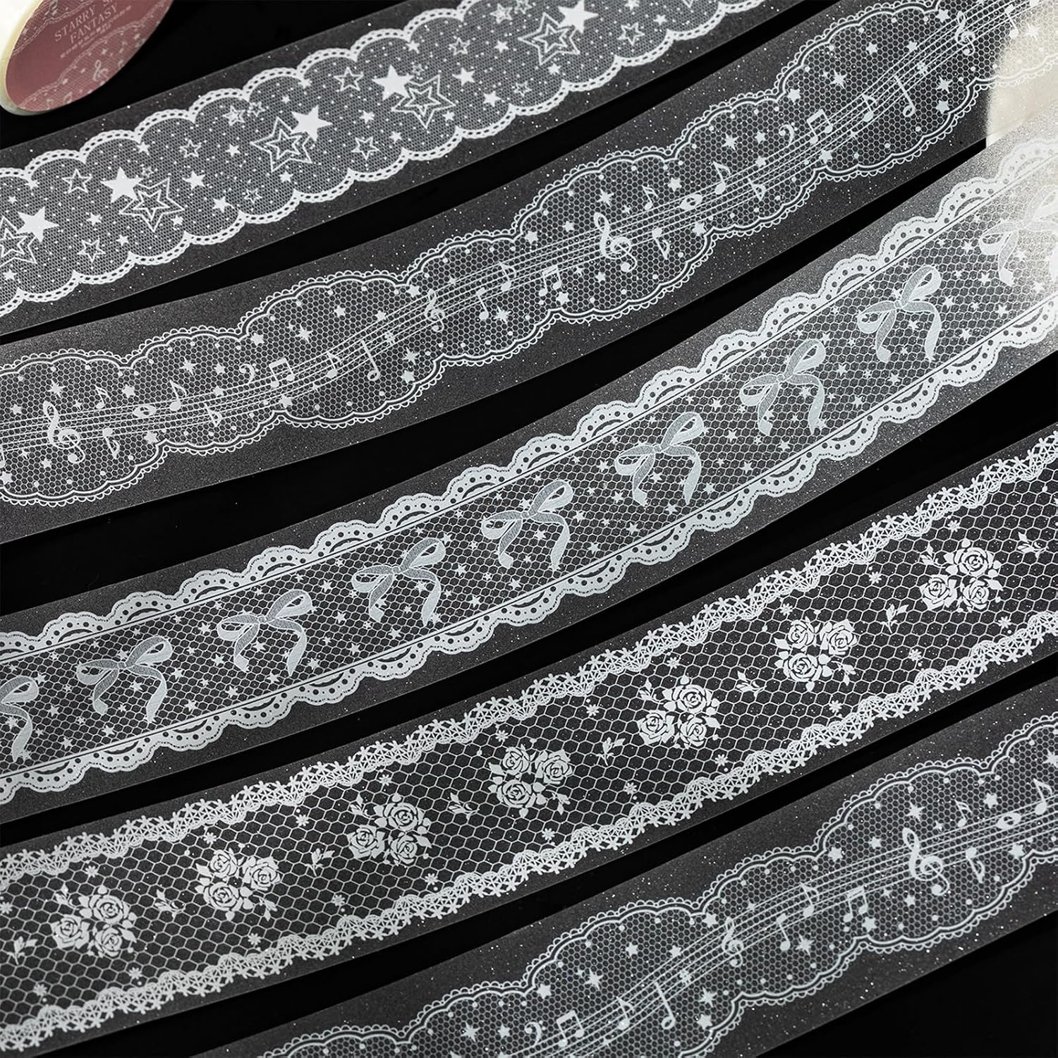 White Lace PET Tape For Journaling Retro Glitter Scrapbook Lace PET Tape Stickers Aesthetic Music Note Star Bow Rose Flower Border Stickers for Scrapbooking Supplies Planner Gift Wraping Crafts Decor