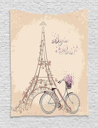 Ambesonne Tapiz de París, Torre Eiffel Bonjour París y bicicleta vintage con flores, impresión de color suave retro, para colgar en la pared para