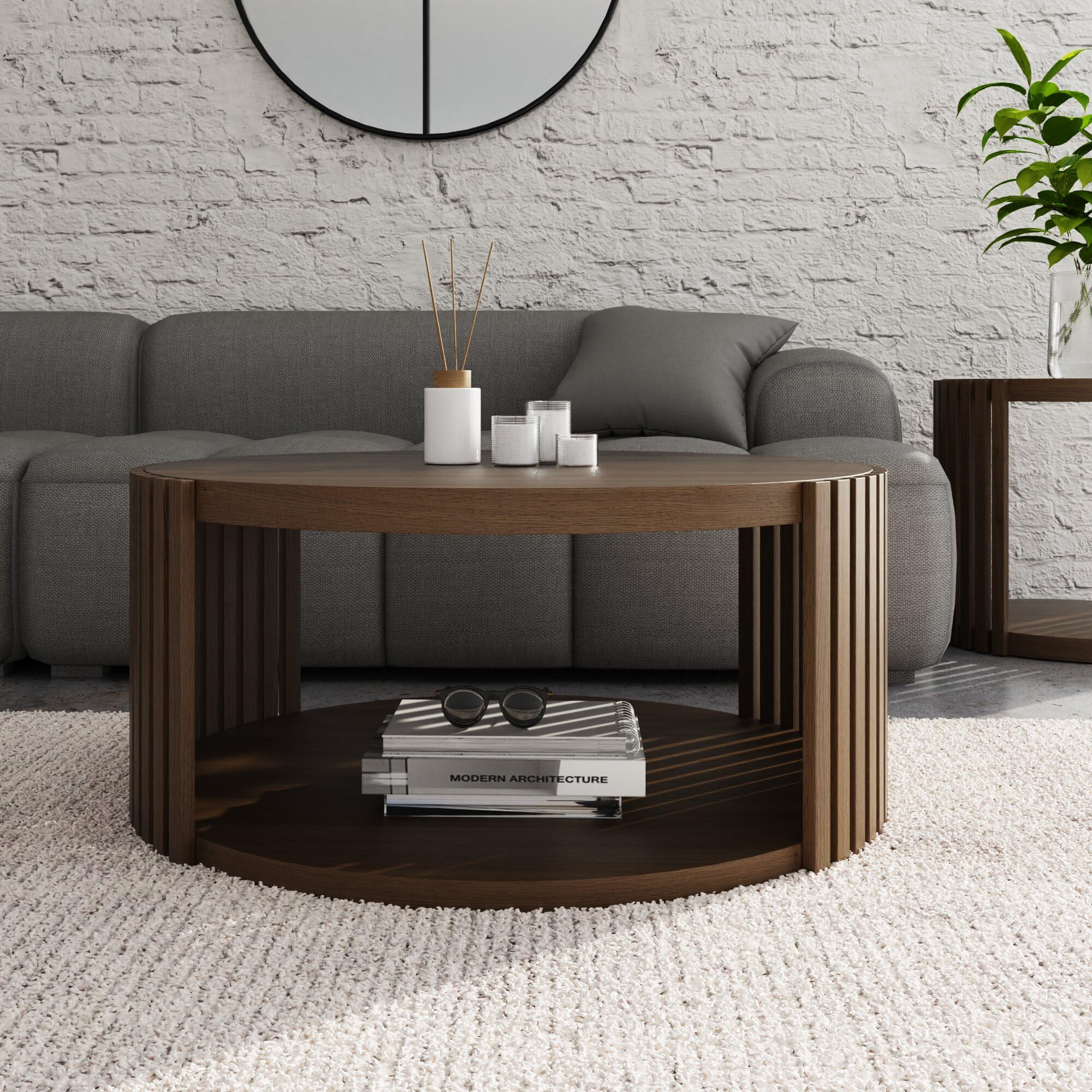 GFW Zadie Round Coffee Table Walnut Slatted Shelf