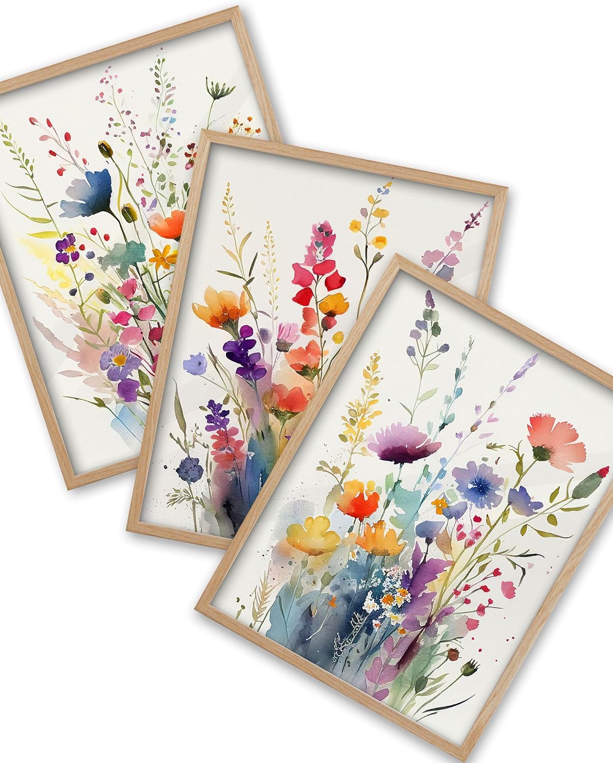 iHery Natural OAK Wood Framed Bright Floral Wall Art, 12x16 in Set of 3 Colorful Wildflower Canvas Prints, Beige Narrow Frame Botanical Watercolor Flowers Decor For Bedroom Living Room