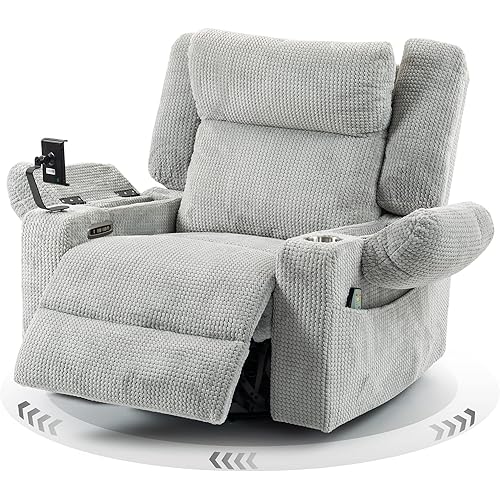 Dual Motor Power Oversized Swivel Rocker Recliner Chair with Adjustable Headrest for Adults, Glider Rocking Chairs with Vibration and Heat, USB Type C, Armrest Storage, Cup Holder, Light Gray
