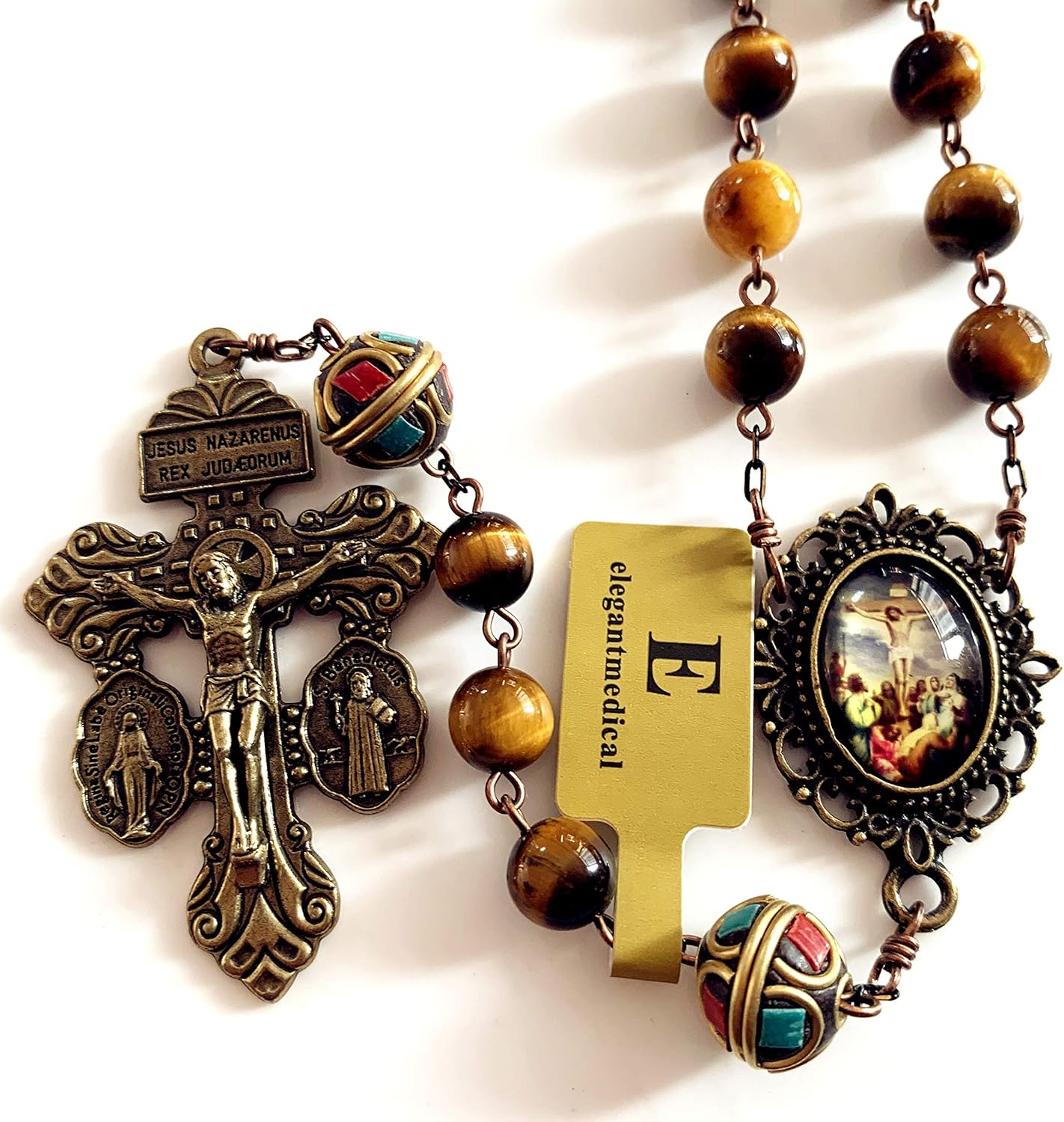 elegantmedical HANDMADE Vintage Catholic Tiger Eye & Nepal Beads Bronze Pardon Crucifix Cross Rosary Necklace Catholic Gift - Image 3