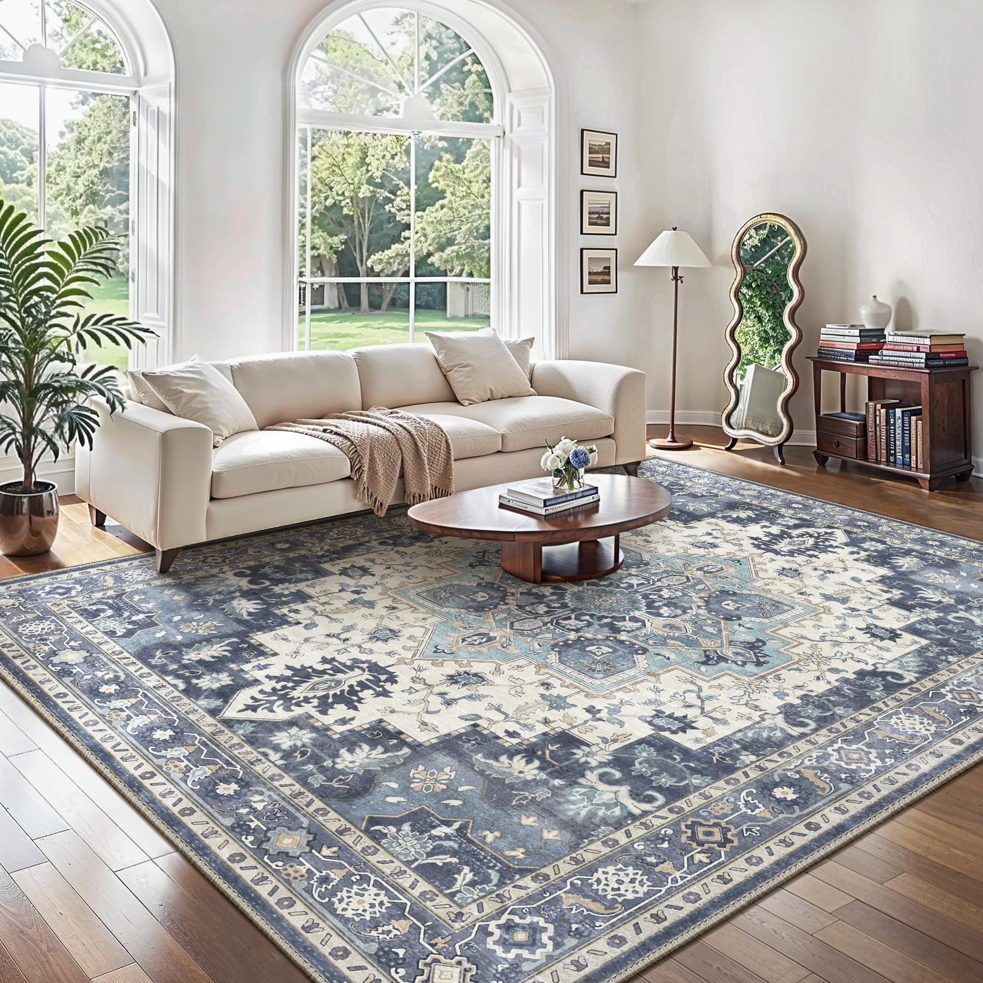 GENIMO Large Rugs for Living Room 240x230cm, Extra Large Area Rug Washable, Vintage Boho Rugs, Low Pile, Non-Shedding, XXL Carpet, Oriental Design, Dining Room, Home, Office, Bedroom, Vintage Navy