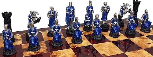 Miniatura 2 de Medieval Times Crusades Knight Juego de piezas de ajedrez azul y blanco pintadas a mano con cruz maltesa - sin tablero