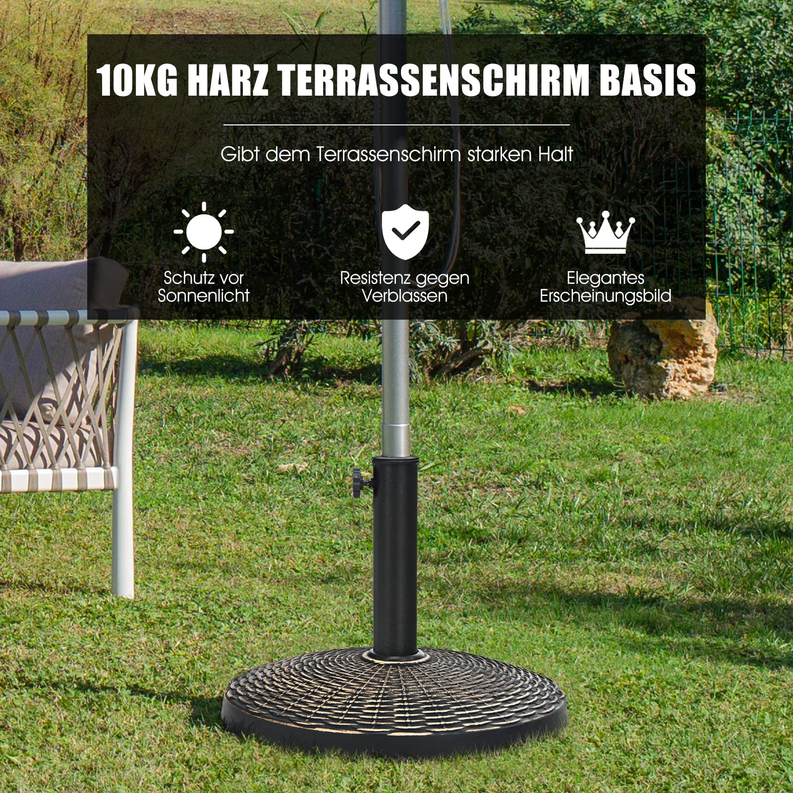 COSTWAY Stojak na parasol przeciwsłoneczny, 10 kg, stojak na parasole 38-48 mm, podstawa parasola przeciwsłonecznego, kolor brązowy, stojak na parasol balkonowy, rattanowy, okrągły stojak do ogrodu, na plażę, basen, brąz