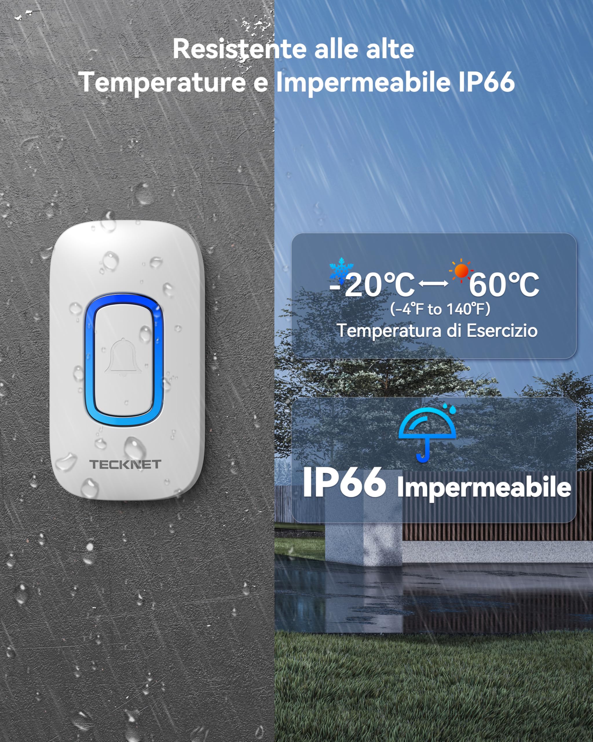 Campanello Senza Fili Esterno Impermeabile IP66 - Kit Per Esterno, Bianco, Wireless