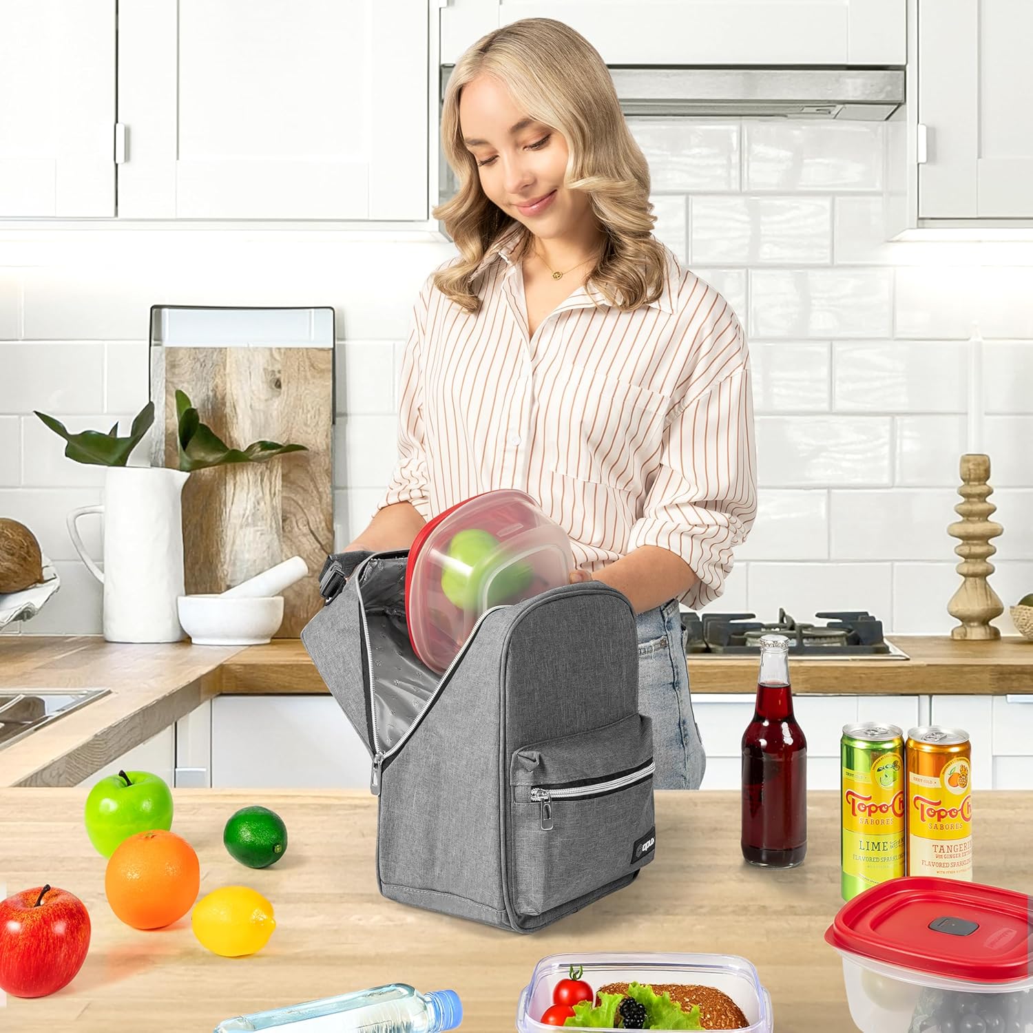 opux Lunch Box for Girls Boys Kids, Insulated Leakproof Lunch Bag, Reusable Teen Lunch Boxes for School, Medium Large lunchbox for Women Men Adult for Work with Front Back Pocket (Gray) - Image 3