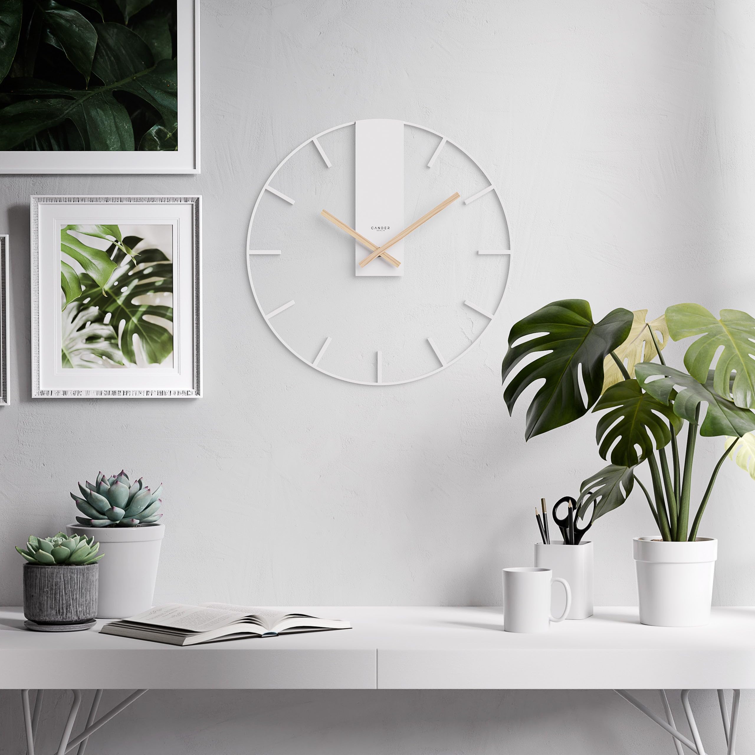 Cander Berlin Triton XXL Vintage Wanduhr lautlos 40 cm Metall Holz-Zeiger ohne Tickgeräusche groß modern weiß Wohnzimmer Küche