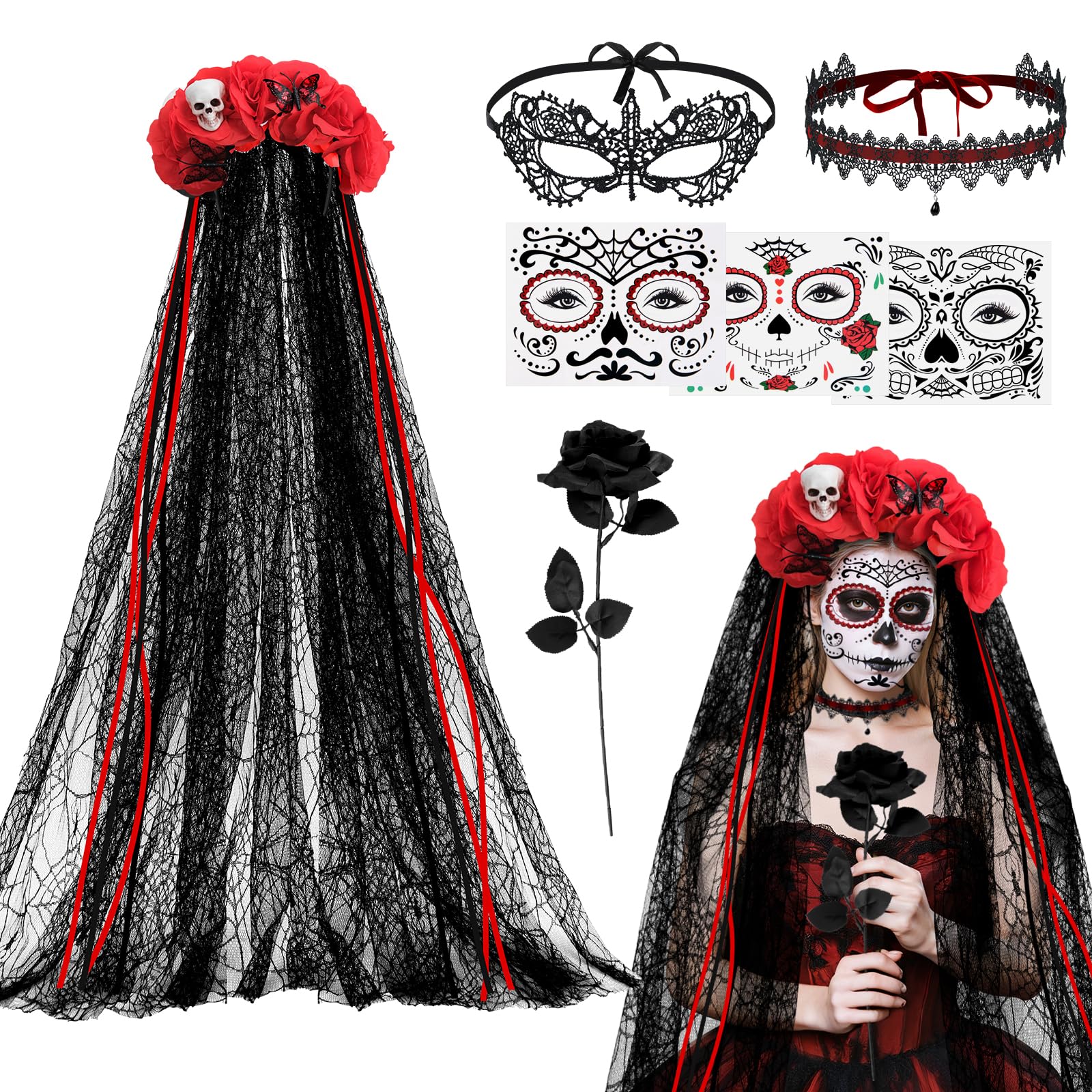 Yotako Day of the Dead Costumes for Women, Day of the Dead Headband Accessories, Veil, Tattoo, Black Rose, Necklace, Lace Eye Mask, Dia de Los Muertos Halloween Fancy Dress Costume Accessories