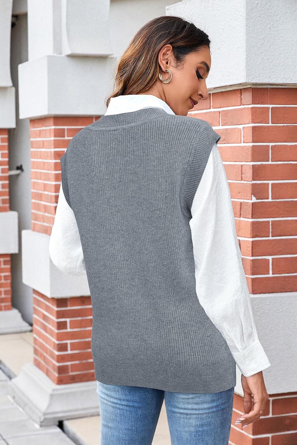 Arach&Cloz Womens Sweater Vest 2024 Fall Winter Knitted V Neck Oversized Casual Cap Sleeve Pullover Tank Tops - Image 5