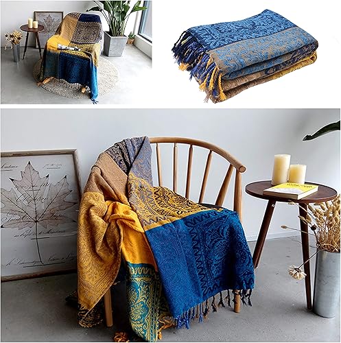 Miniatura 4 de Edcooy Manta bohemia para sofá, mantas con flecos de chenilla coloridas tejidas estilo bohemio para sofá, cama, sillón reclinable, sofá cama, con