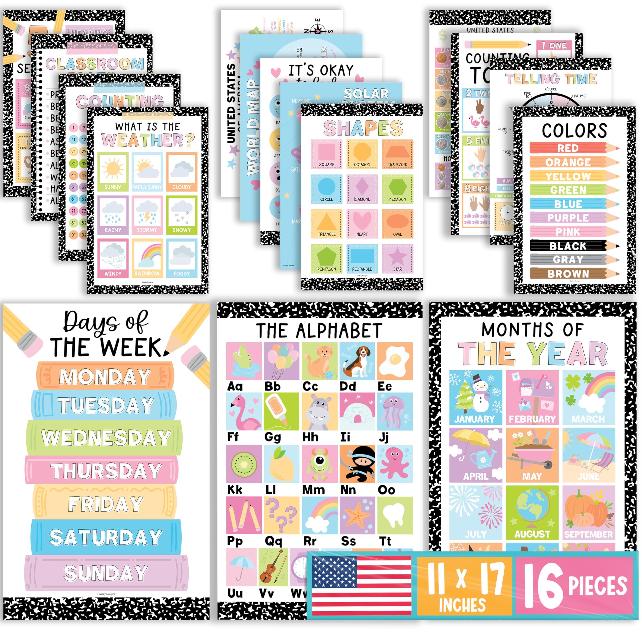 Hadley Designs 16 Educational Posters for Classroom Must Haves - Laminated Pre-K Posters for Toddler Homeschool Essentials, Toddler & Preschool Learning Activities, Kindergarten Classroom Decor