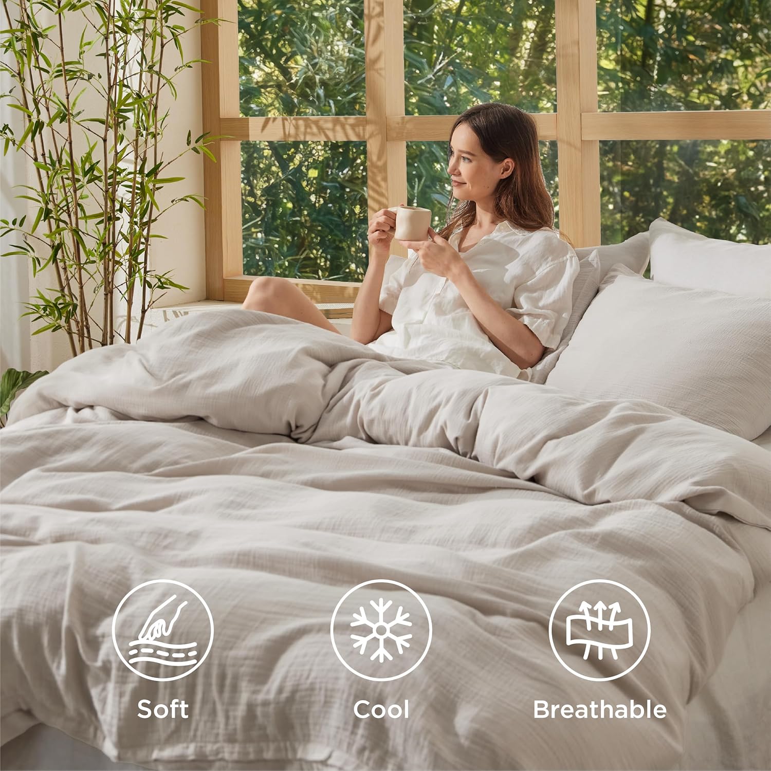 Bedsure Muslin Duvet Cover Oversized King - Cotton Blend Rayon Derived from Bamboo, Cooling Duvet Covet for Hot Sleepers - Ultra-Soft & Breathable Bedding Set for All Seasons(Linen, 120"x98") - Image 2