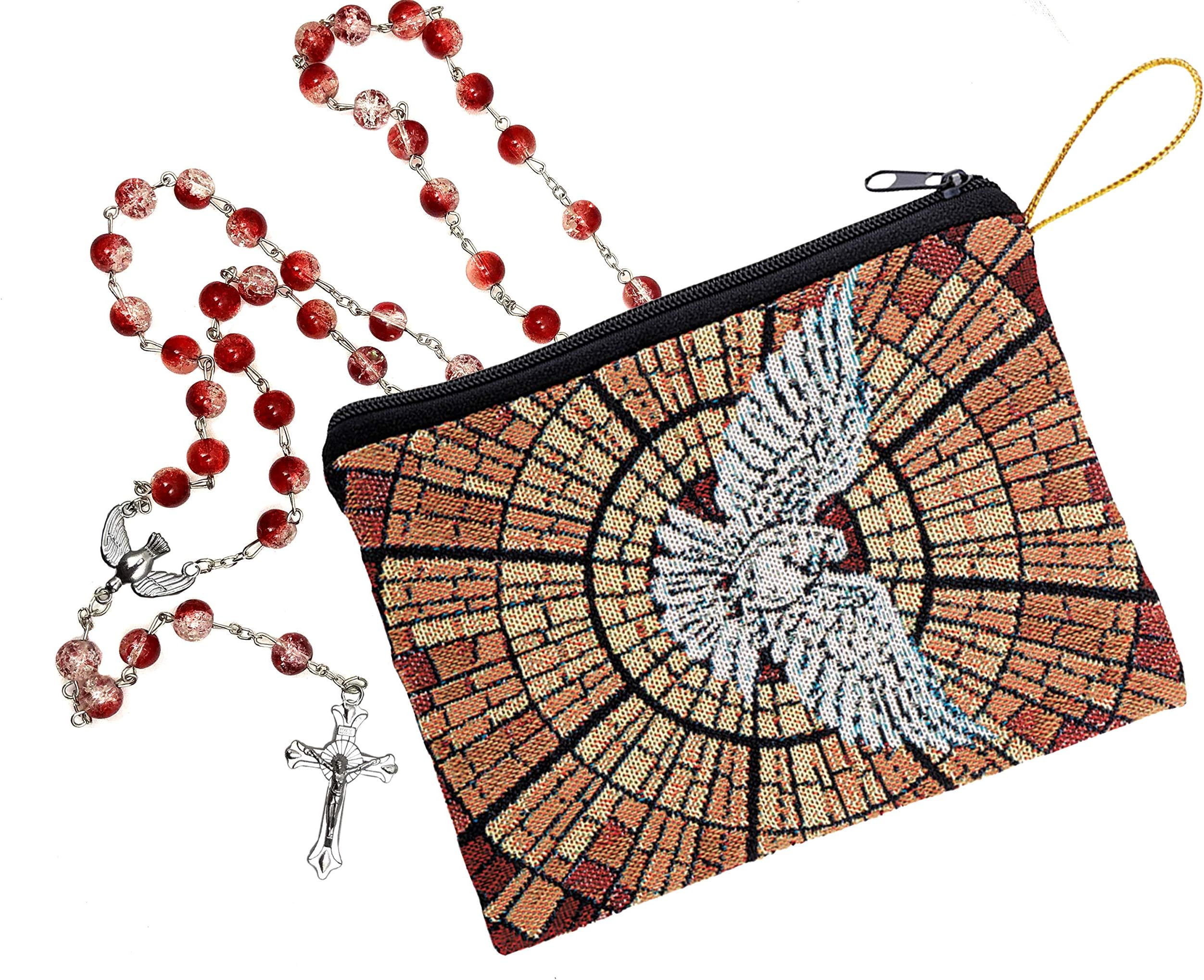 Confirmation Rosary Gift Set. Includes 8mm Red and White Crackled Glass Bead Rosary with Silver Metal Descending Dove Center and Crucifix in Holy Spirit Tapestry Rosary Bag