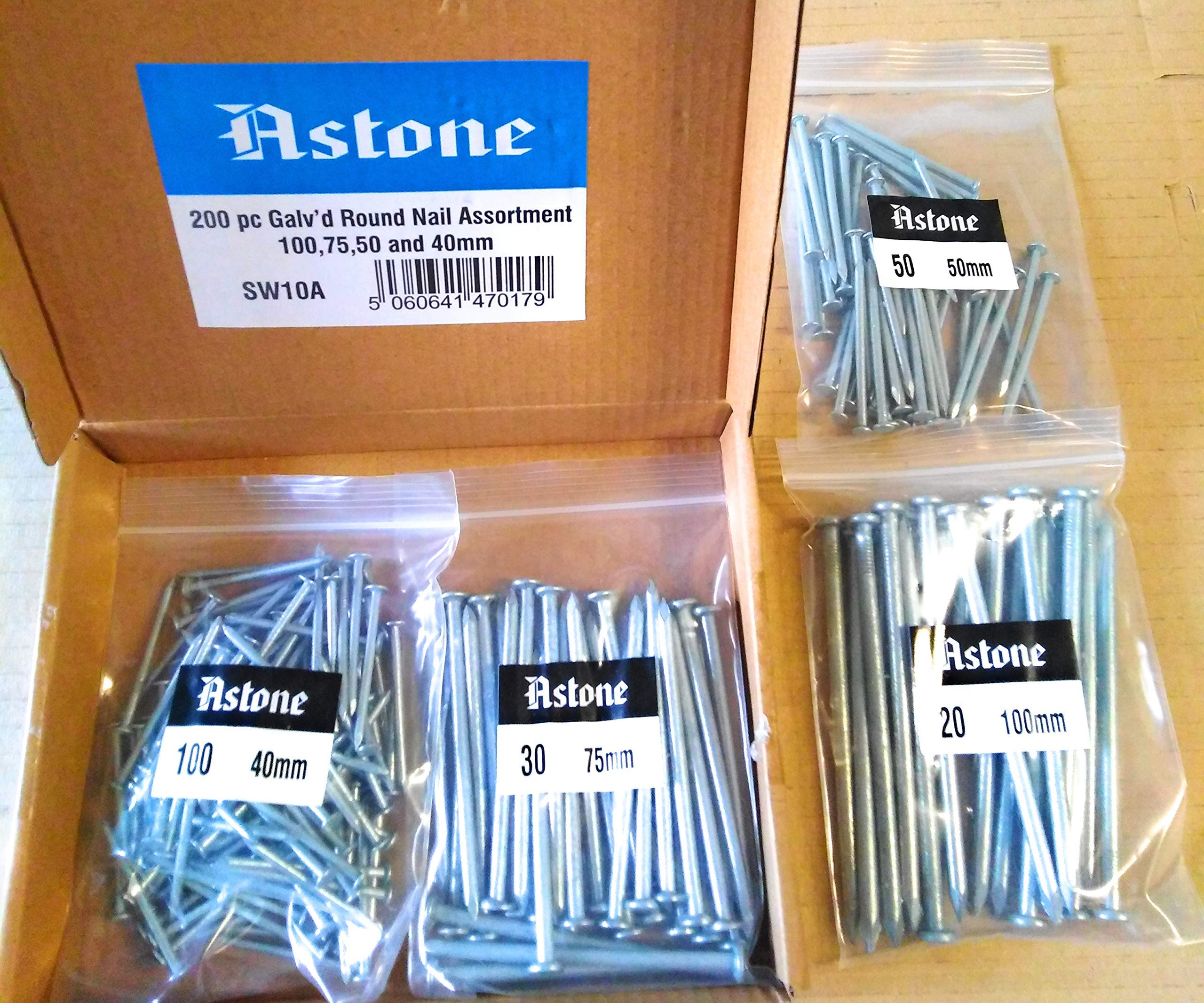 Astone 200Pc Galvanised Round Nails Assortment (100, 75, 50 And 40Mm Nails)