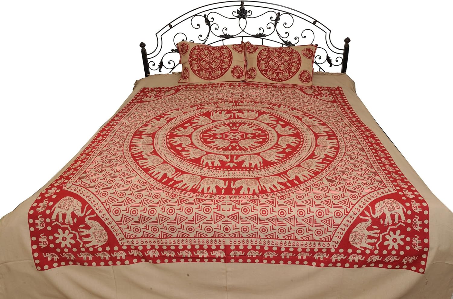 White Bedsheet from Pilkhuwa with Printed Chakravhuh of Elephants - Pure Cotton with Pillow Covers - Color Porcelain Green Color