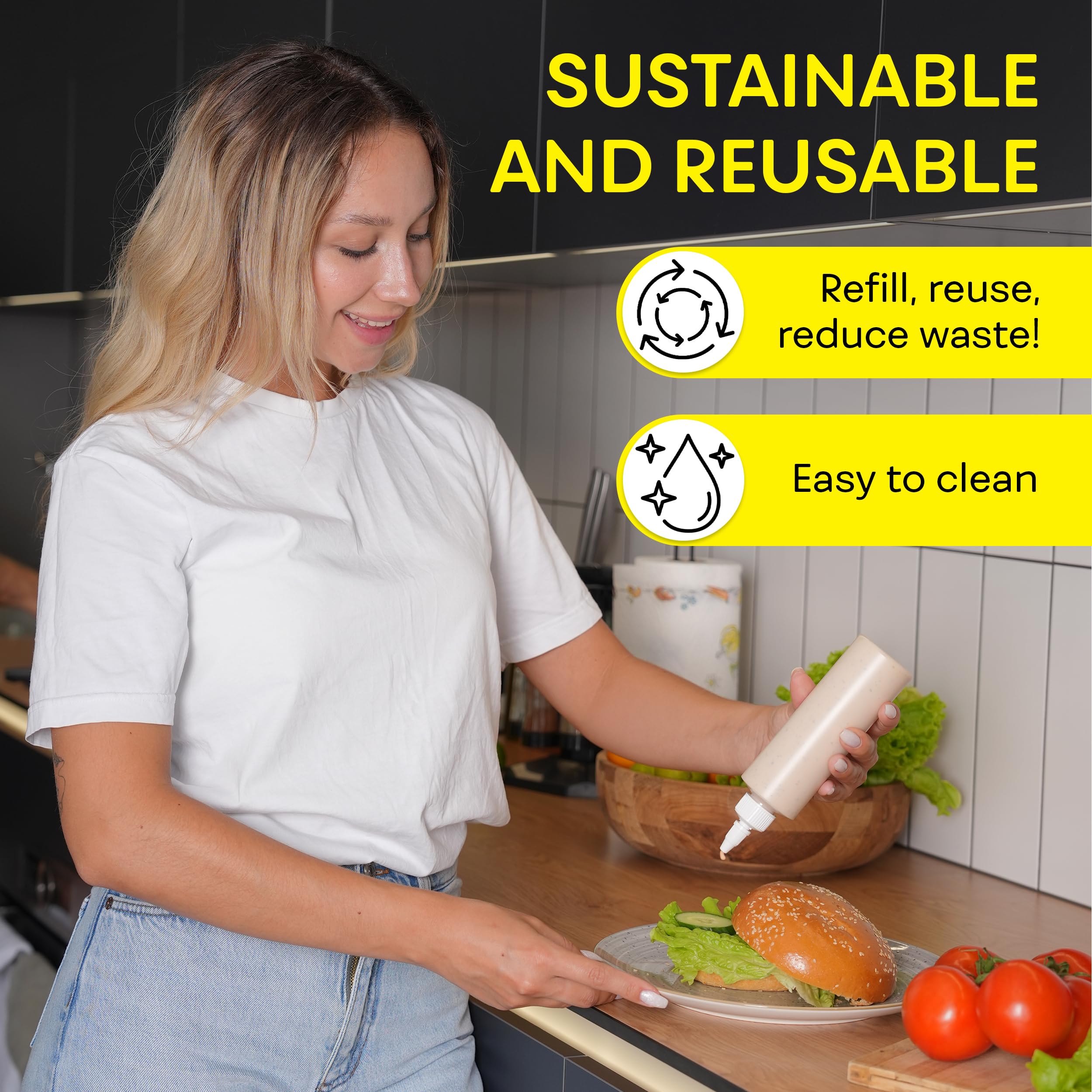 BRIGHTFROM Botellas exprimibles de condimentos, botella vacía de 8 onzas con tapa superior giratoria, a prueba de fugas, ideal para ketchup, mostaza, jarabe, salsas, aderezo, aceite, artes y
