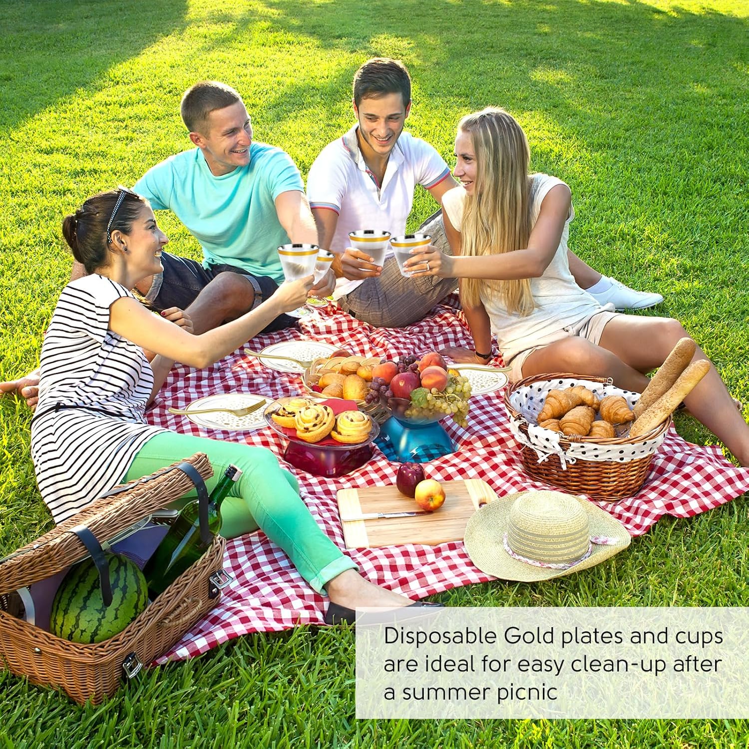 Stylish Gold Dessert Plates, Napkins and Forks, 100 7.5 Inch Wedding Cake Plates and Forks with Cocktail Napkins, Plastic Cocktail Plates for Appetizers, Gold Cake Plates for Wedding Reception