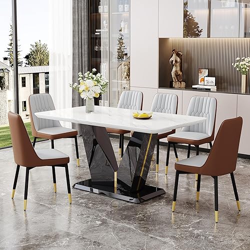 Miniatura 18 de Sillas de Comedor Modernas 6 - Juego de mesa de comedor de mármol para 6, 7 piezas, color blanco, juego de mesa de cocina de mármol de 63 pulgadas