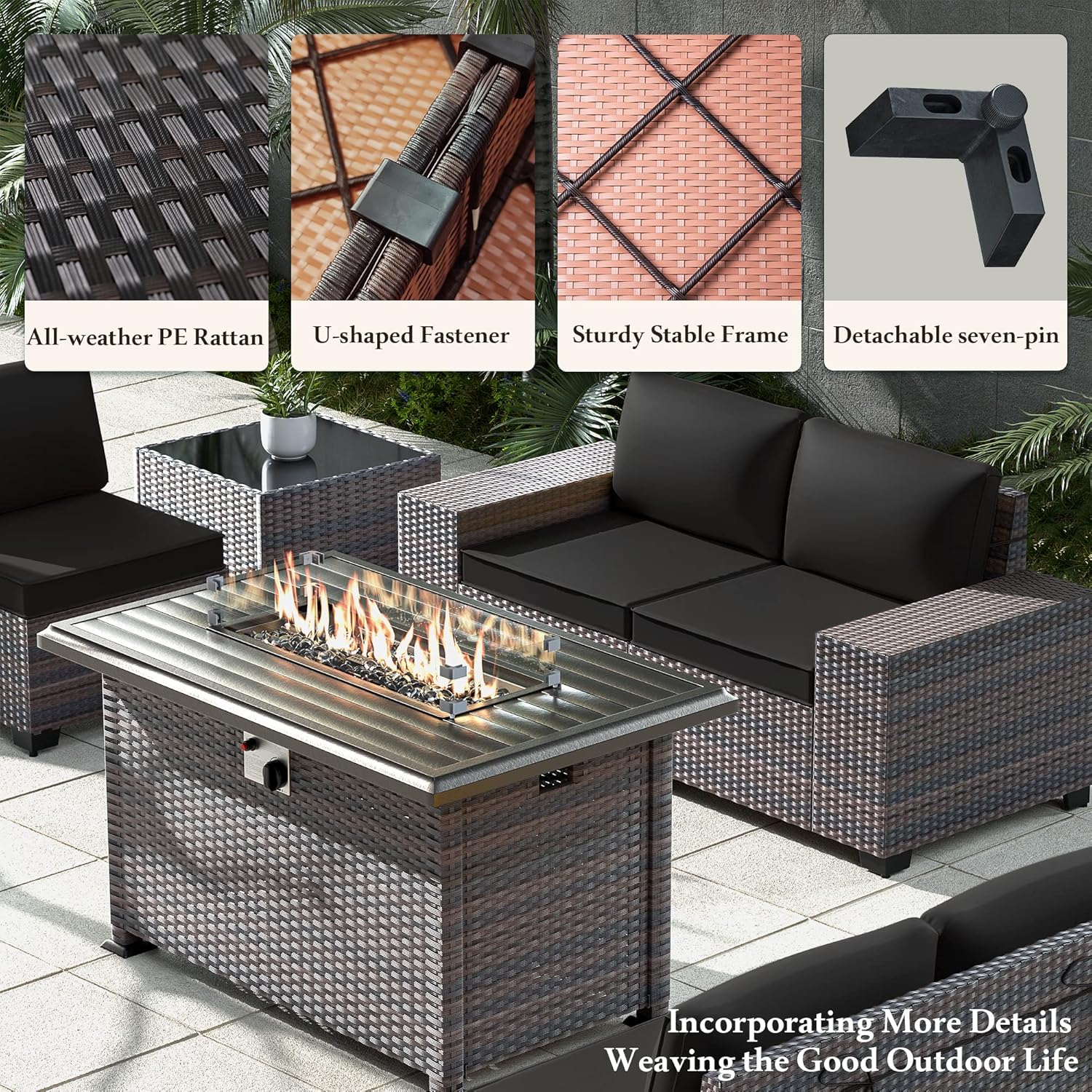13 PCS Outdoor Patio Furniture Set,Outdoor Sectional Furniture with 43" 55000 BTU Gas Propane Fire Pit Table,All Weather PE Rattan Wicker Patio Conversation Set,Black