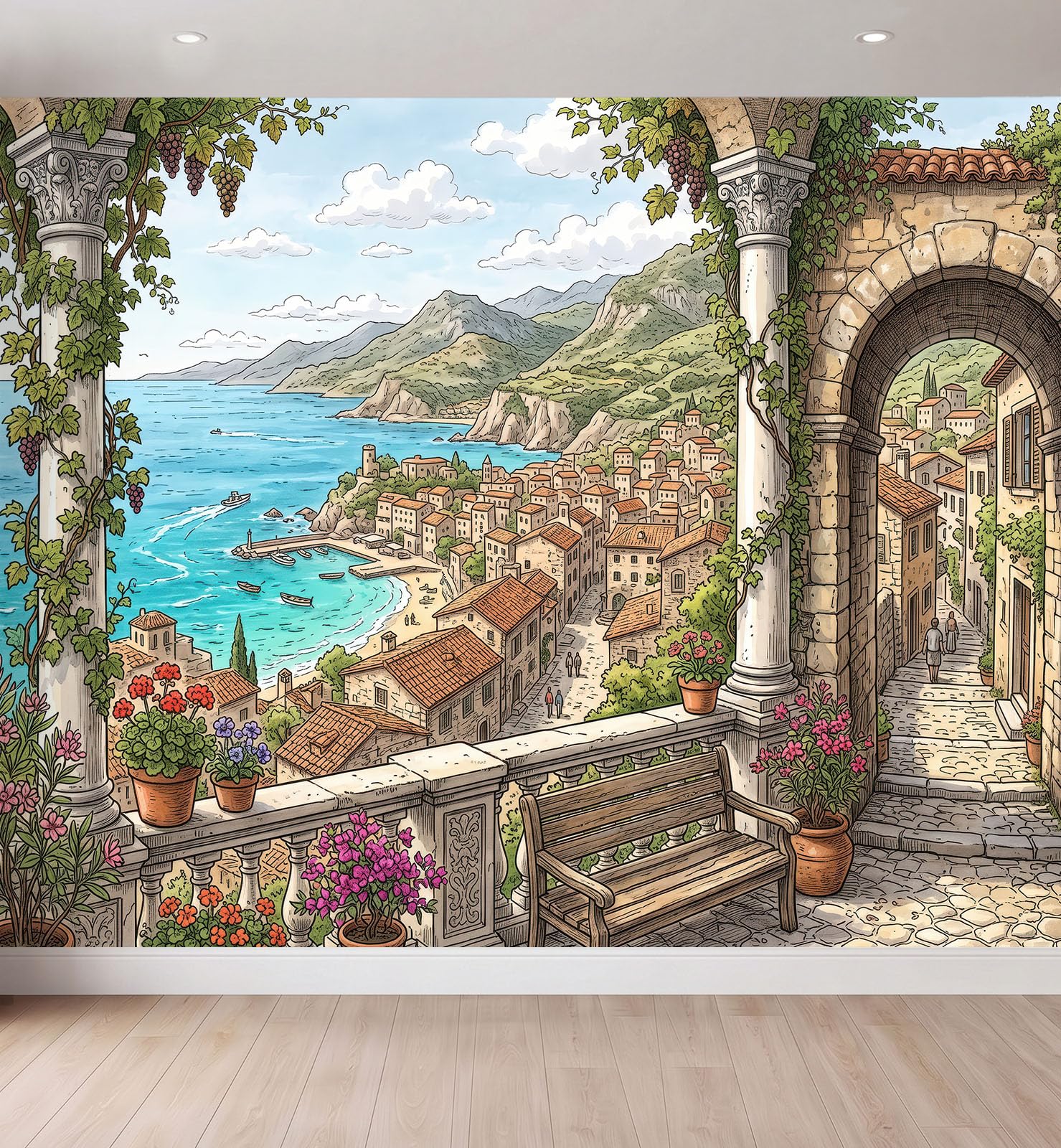 Carta da parati 3D Panoramica Murale, Nautica Carta da Parati in Tessuto Non Tessuto, Poster 350 x 256 cm, Decorazione murale Soggiorno, Camera da letto, Città Balneare Romantica