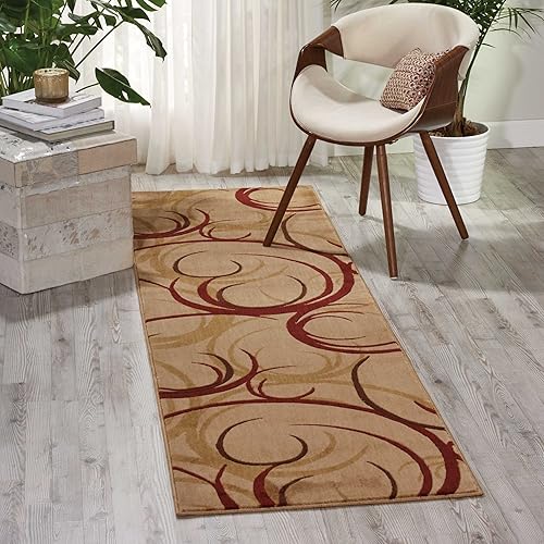 Nourison Home Somerset Abstract Beige 2'3" x 8' Area-Rug, Easy-Cleaning,