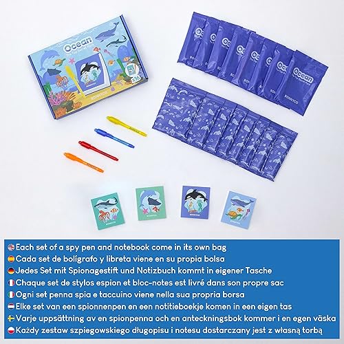 Miniatura 6 de BONNYCO Paquete de 16 bolígrafos y cuadernos de tinta invisible, recuerdos de fiesta bajo el mar, recuerdos de fiesta oceánica para niños, bolsas de