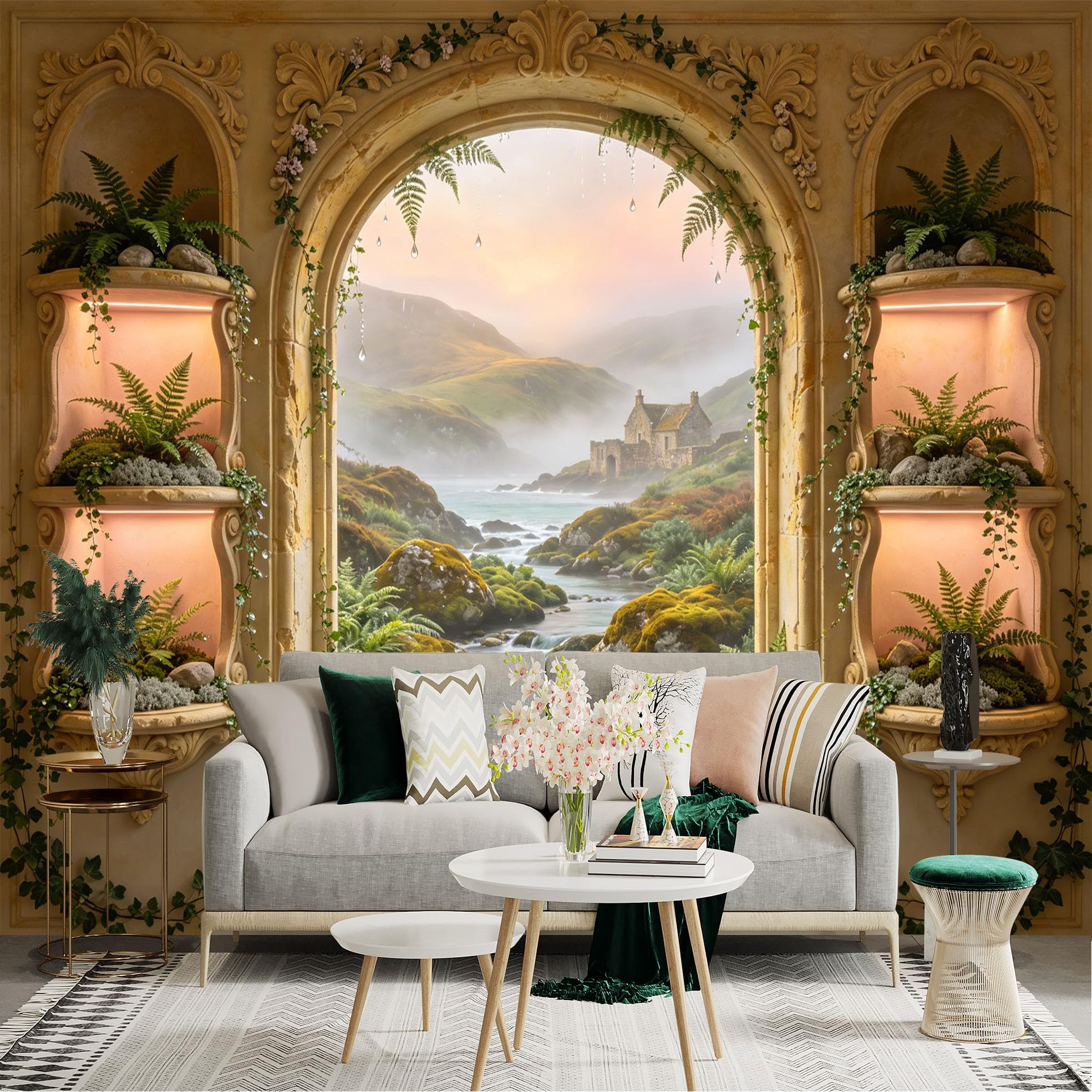 Lnzczhyre Dbh260521668 Custom Size Wall Sticker Mural， Scenic Stone Archway， Misty Mountain River， Ancient Cottage Landscape， Lush Fern Shelves， For Wall Decoration， Peelandstick Wall Decals.
