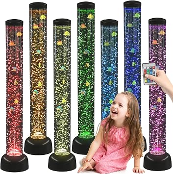 Playlearn Large - مصباح أرضي من أنبوب الفقاعة مع أضواء السمك و LED - 105 سم - فضي ، أسود