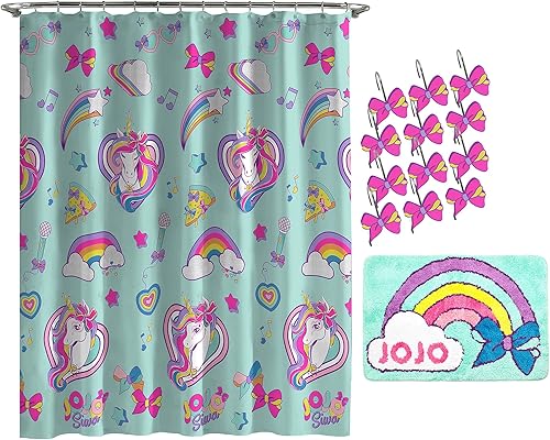Jay Franco Nickelodeon JoJo Siwa Retro Rainbow - Juego de baño de 14 piezas, incluye cortina de ducha, 12 ganchos y alfombra de baño antideslizante,