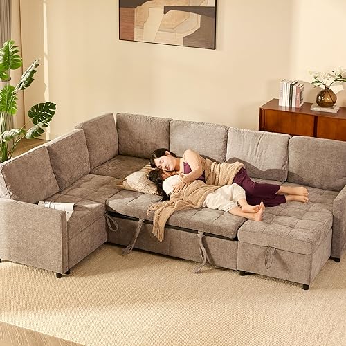 Miniatura 7 de Sofá cama modular de 107 pulgadas con cama extraíble, sofá modular en forma de U con almacenamiento, sofás de asiento extra anchos y profundos para