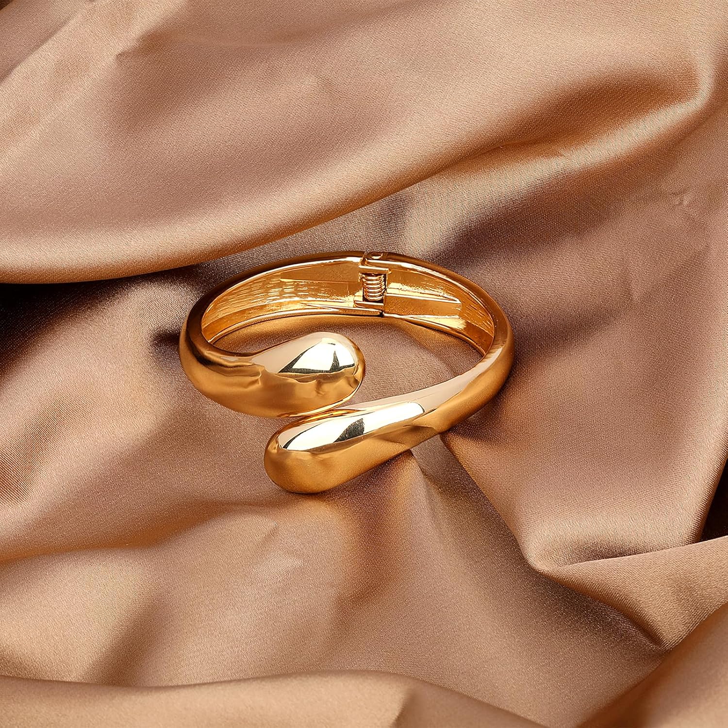 14K Gold Chunky Bangle Bracelet for Women Gold Plated Waterdrop Round Wrist Hinged Cuff Open Wide Bracelet Women Jewelry Gift - Image 6