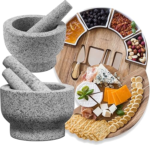 ChefSofi Juego de tabla de queso, mortero y mortero - La taza estándar de 6 pulgadas y la capacidad extra grande de 8 pulgadas para 5 tazas