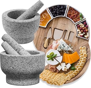 ChefSofi Cheese Board and Mortar and Pestle Sets - The Standard 6 inch 2 Cup and the EXTRA Large 8 inch 5 Cup Capacity Combined with the Original ChefSofi Cheese Board