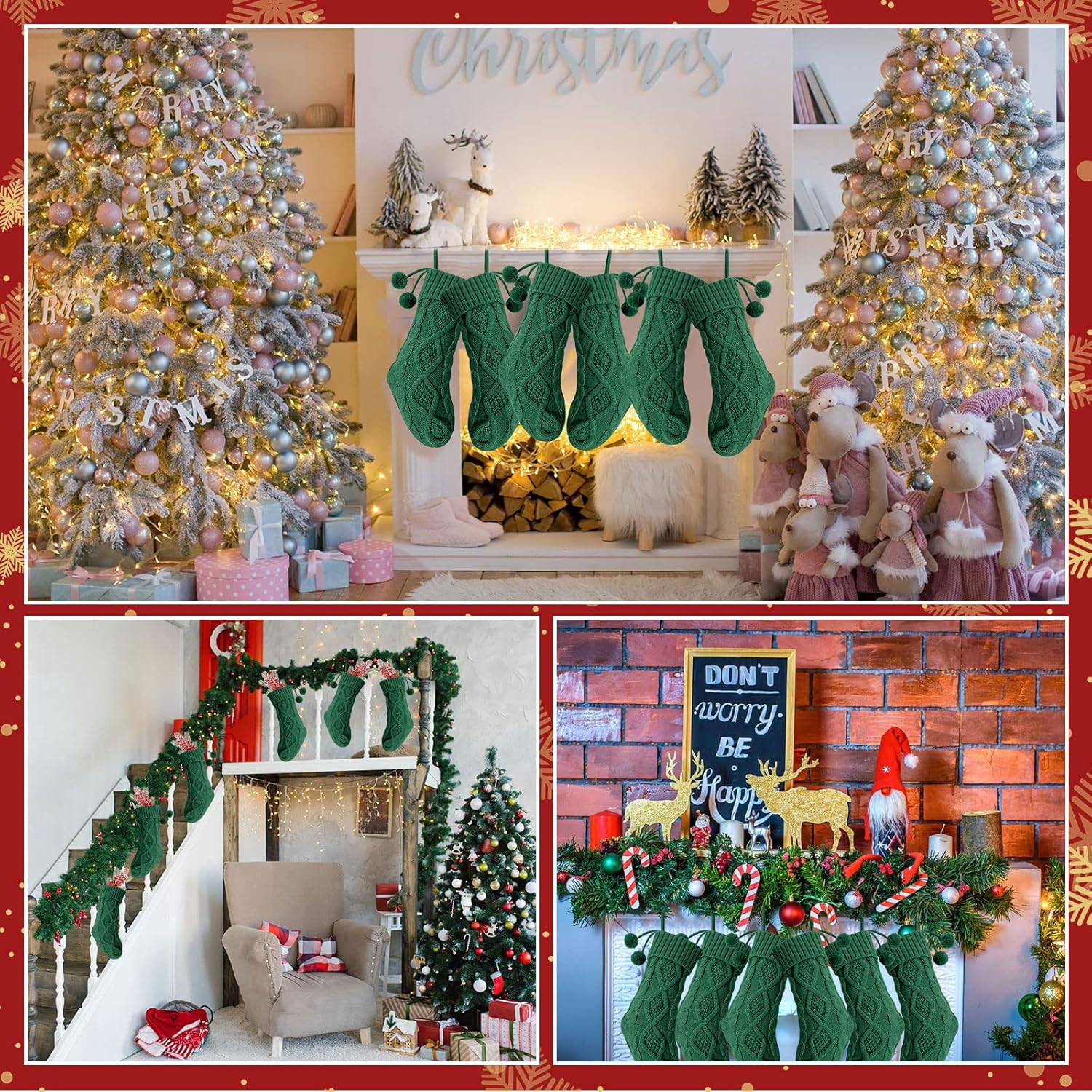 EBOOT 6 Pack Christmas Stockings with Pompom Ball, 14.5 Inches Dark Green Christmas Hanging Stockings Christmas Cable Knitted Stockings for Xmas Tree Decoration Festival Party Ornament Holiday Decor