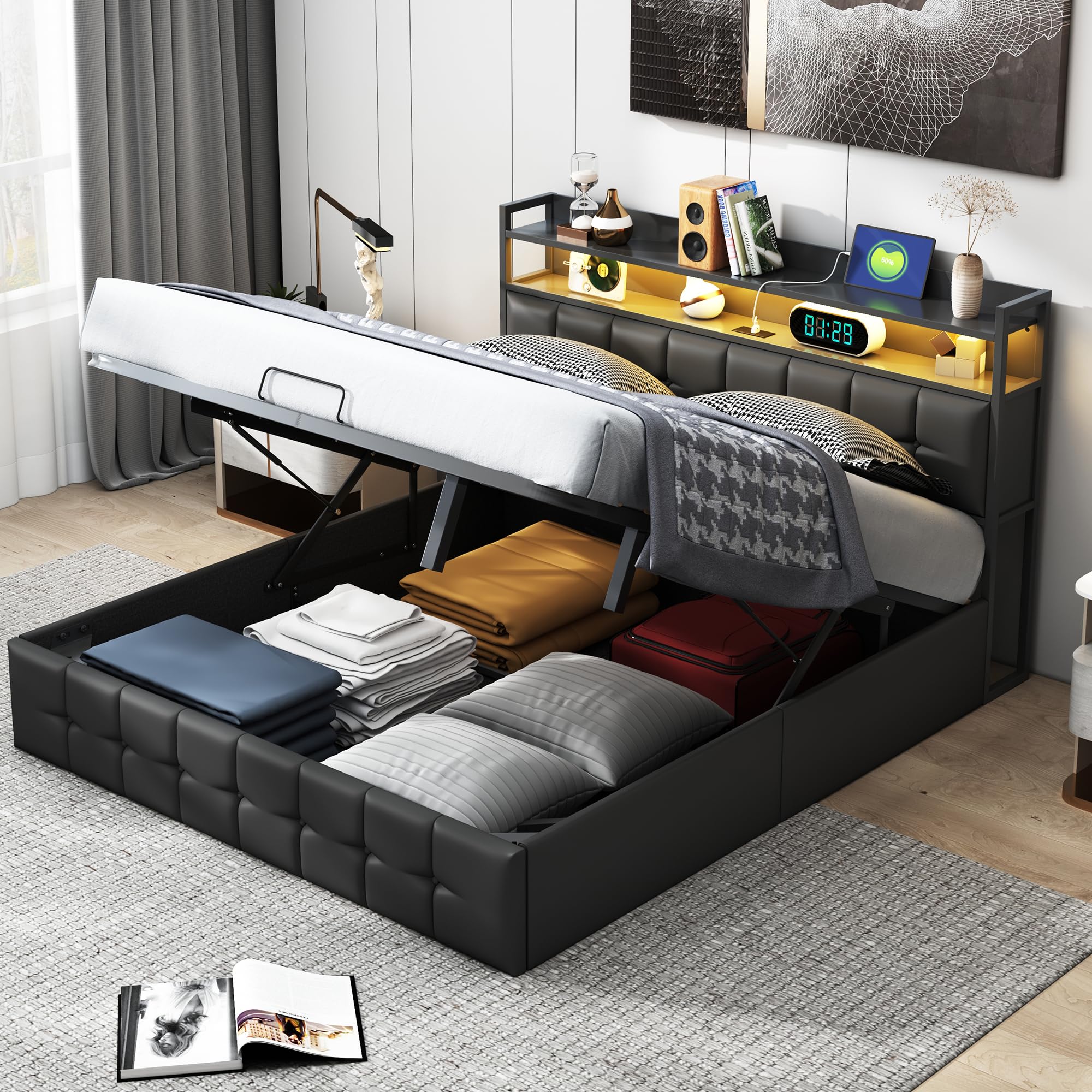 Letto Matrimoniale con Contenitore 140x190 cm, Struttura Letto Imbottito con Sistema di Sollevamento a Gas e LED USB, Supporto a Doghe in Legno, Senza materasso, Pu Nero