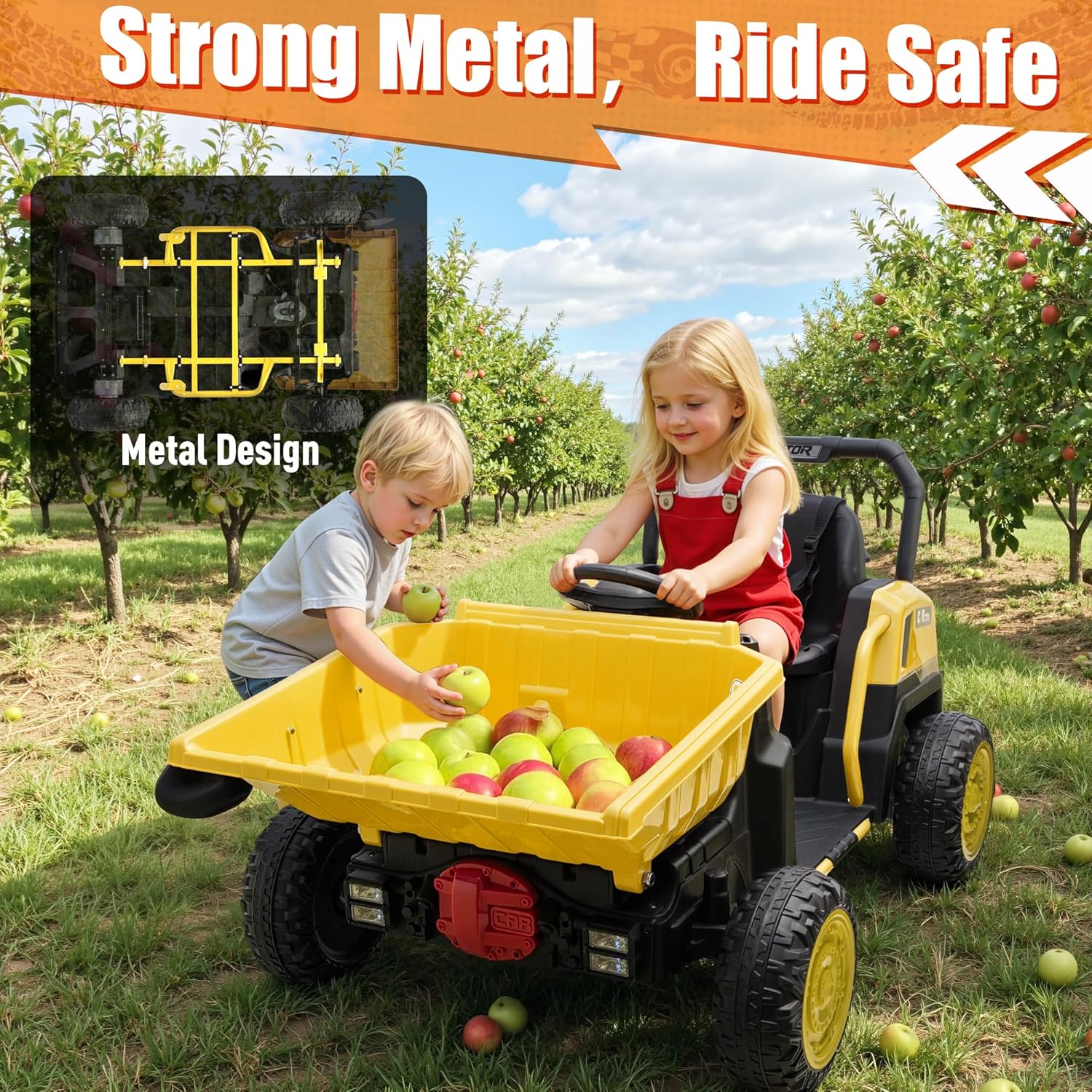 24V Ride on Dump Truck, Construction Car with RMP2000W Motors，Electric Dump Bed, Metal Frame, Parent Remote Control, Music, LED Lights, 24V Ride on Toys for Big Kids, Yellow