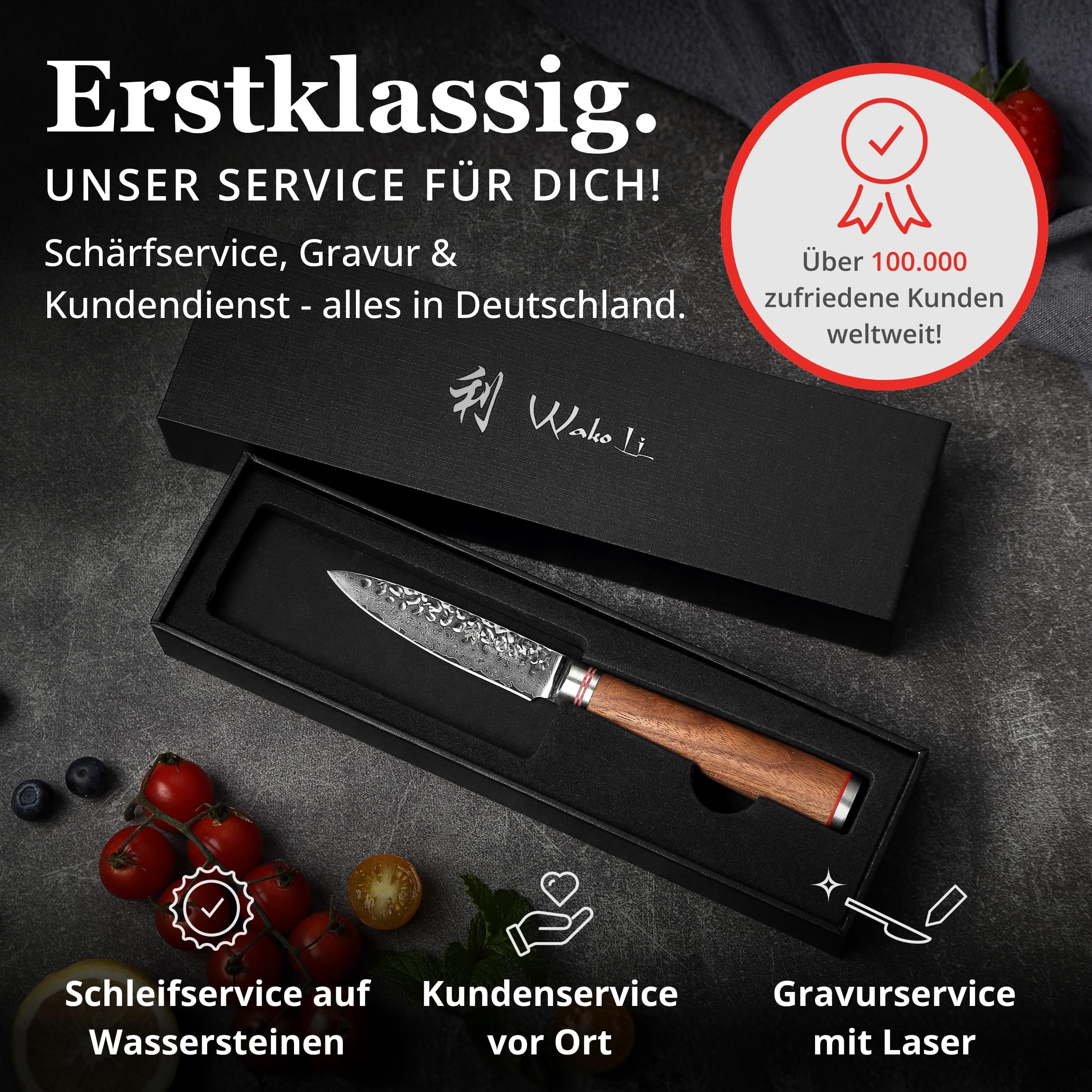 Wakoli Nussbaum Officemesser 9 cm aus 67 Lagen Damaststahl mit VG10 Kern | Mit Hammerschlag, Nussbaumholzgriff und 15° V-Schliff zum Schälen, Putzen und Dekorieren von Obst und Gemüse, in Geschenkbox
